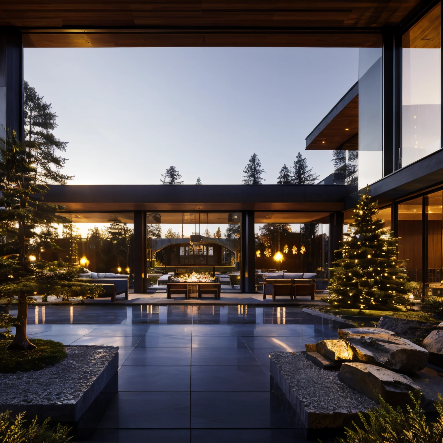 a villa morden, glass window, stone, garden, Christmas, Christmas tree,sunset