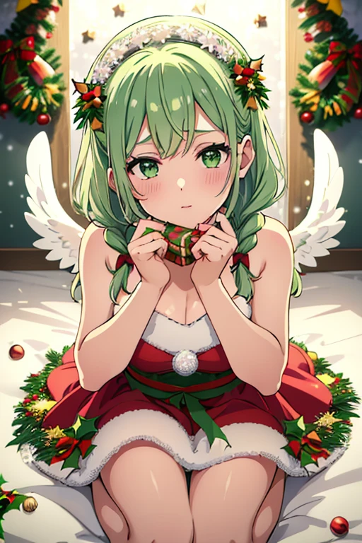 (green Christmas mood1.4),1girl, Santa Claus dressGarden Sprite in Pastel Harmony,Jumpsuit with oversized angel wings in pastel colors,Playful ruffles and layers for a whimsical touch,Cinched waist for a flattering silhouette,Flower-adorned garland worn as a crown,Ribbons intertwined with braided hair,Lace-up sandals or ballet flats with ribbon ties,Dewy makeup with pastel eyeshadows,Glitter or flower petal accents on cheeks,Pastel-colored nail polish for a finishing touch,snowflakes in the air,(Christmas trick art:1.4),masterpiece