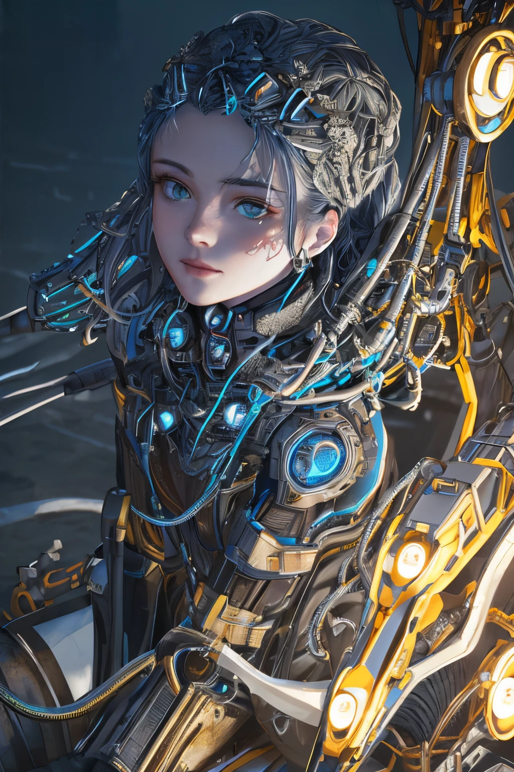 1mechanical girl,((ultra realistic details)), portrait, global illumination, shadows, octane render, 8k, ultra sharp,metal,intricate, ornaments detailed, cold colors, egypician detail, highly intricate details, realistic light, trending on cgsociety, glowing eyes, facing camera, neon details, machanical limbs,blood vessels connected to tubes,mechanical vertebra attaching to back,mechanical cervial attaching to neck,sitting,wires and cables connecting to head