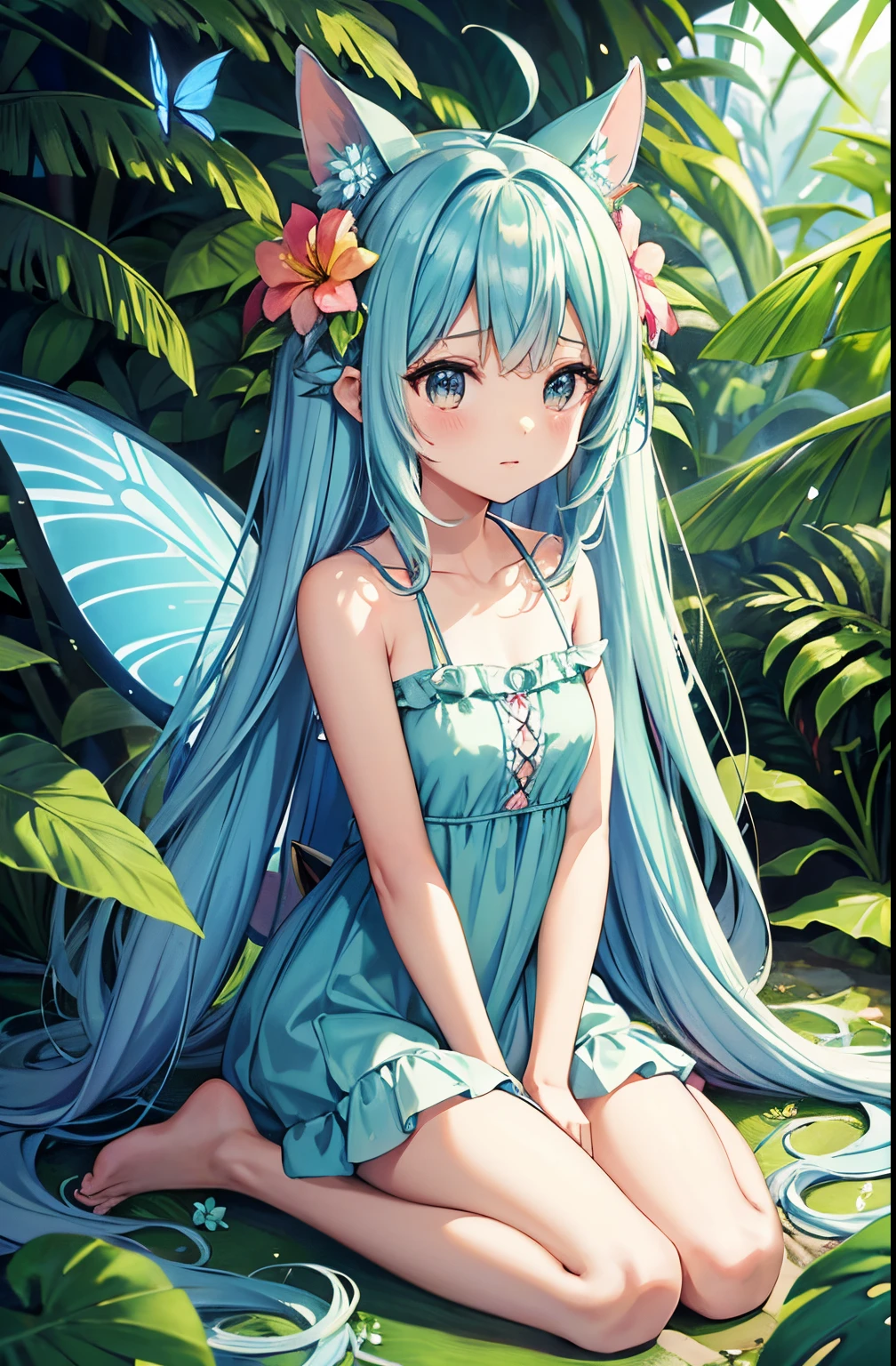 Best Quality, masutepiece, Cute Fairy Girl, fairy wings, Light blue long hair、Twin-tailed、In the mysterious jungle, foliage, Tropical, kawaii, mystery, Magical, Mythical animals and mysterious butterflies, Exotic flowers