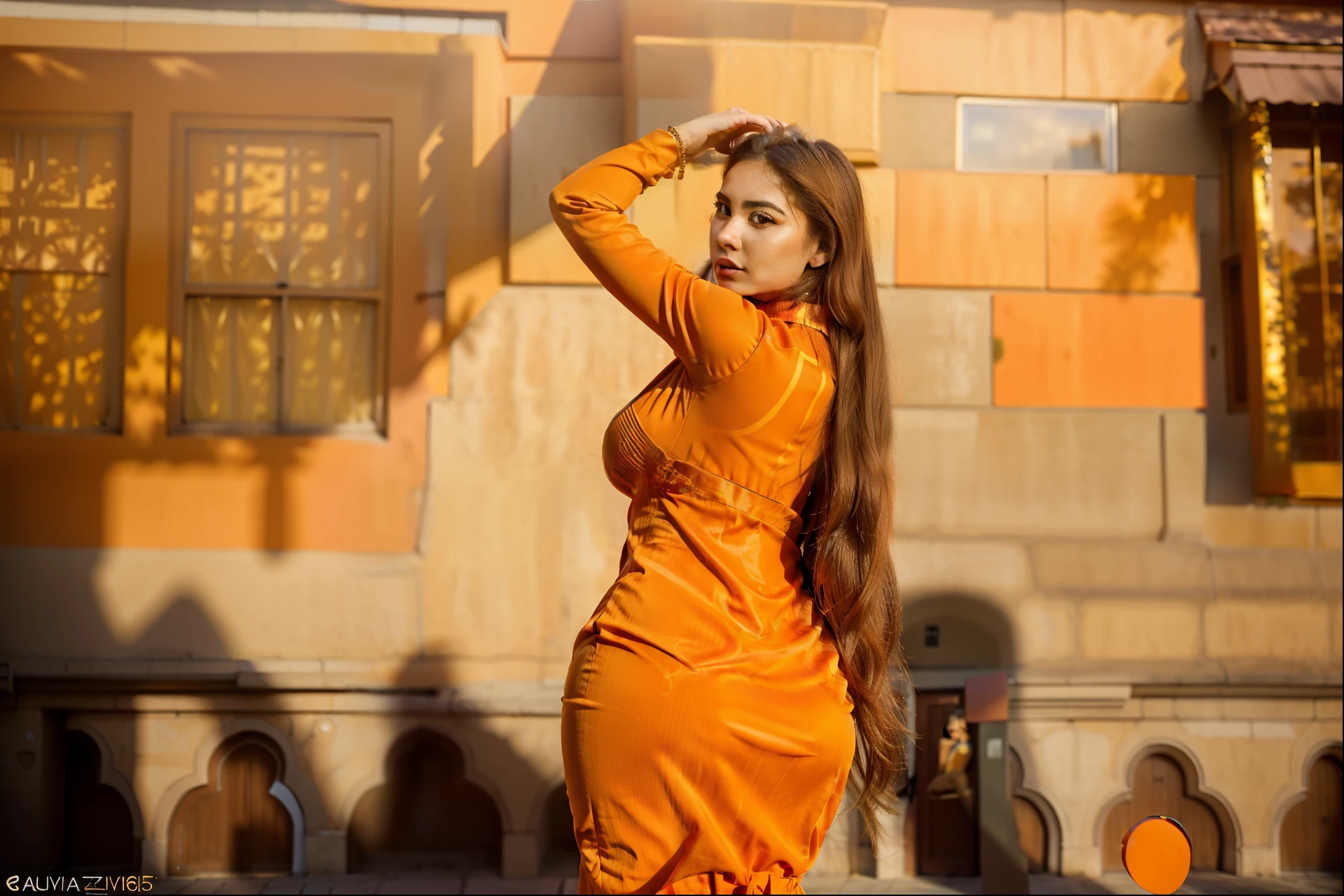 araffe woman in a orange dress posing in front of a building, demi rose, in the sun, yulia nevskaya, during golden hour, shot at golden hour, olga buzova, at golden hour, in the golden hour, 🕹️ 😎 🔫 🤖 🚬, she has long orange brown hair, by Hedi Xandt