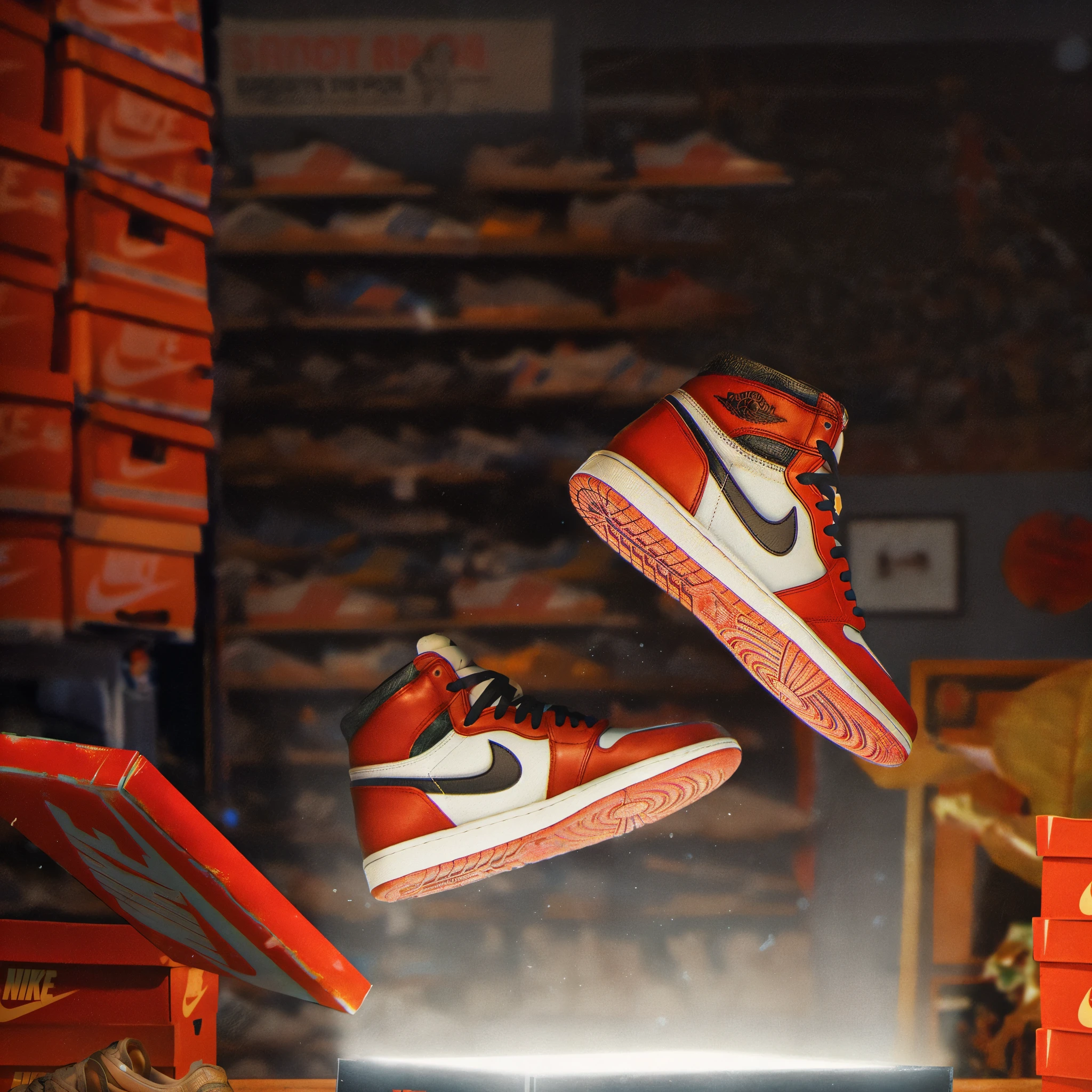 there are two shoes that are flying in the air, sneaker photo, “air jordan 1, hyper realistic”, hyper realistic ”, air jordan 1 high, product render, 8 k highly detailed ❤🔥 🔥 💀 🤖 🚀, 8k highly detailed ❤️🔥 🔥 💀 🤖 🚀, inspired by Mike Winkelmann, “hyper realistic, 🕹️ 😎 🔫 🤖 🚬