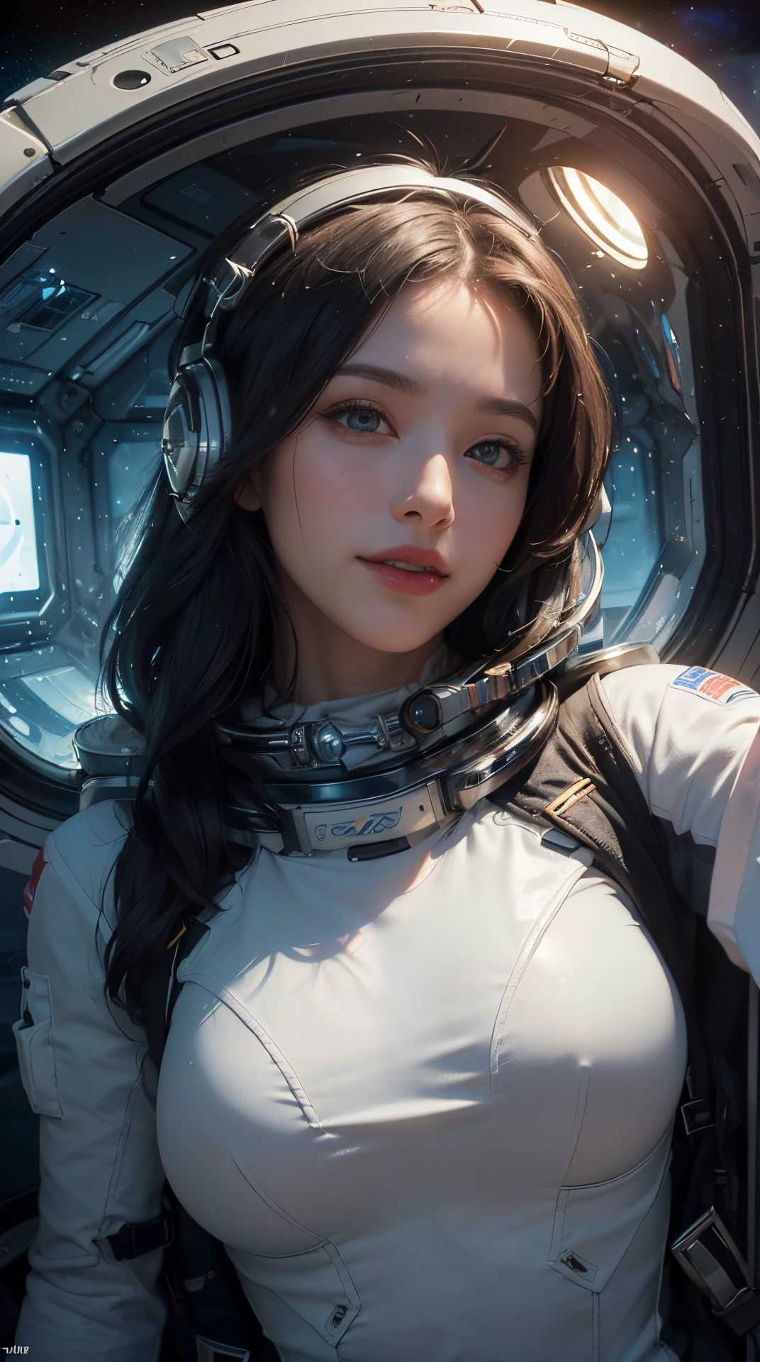 (Best quality,4K,8k,high resolucion,Masterpiece:1.2), Ultra-detailed, (Realstic,photoreallistic,photo-realistic:1.37), (beautiful detailed eyes, beautiful detailed lips, extremely detailed eyes and face, Cils longs), studio lighting,Rendu physique,seins aux couleurs vives, super gros seins, super extra gros seins:0.8), (back, Hanches:1.2), (portrait, Souriez et riez:1.5), (Space Punk, Combinaisons spatiales, Metallic materials, Des designs pointus et futuristes, geometric patterns, Transitions, Three-dimensional elements, LED lights, Hardware Decorations, Phosphorescent elements, Casques futuristes, Transparent visors, LED lights, Heads-up displays, Crests and emblems representing aerospace organizations and space exploration missions, Advanced features, Breathability, Temperature control, Water Resistance, Survival in Space Environments Characteristics:1.2), (Vaisseau spatial, espace de vie de l'crew:1.5),