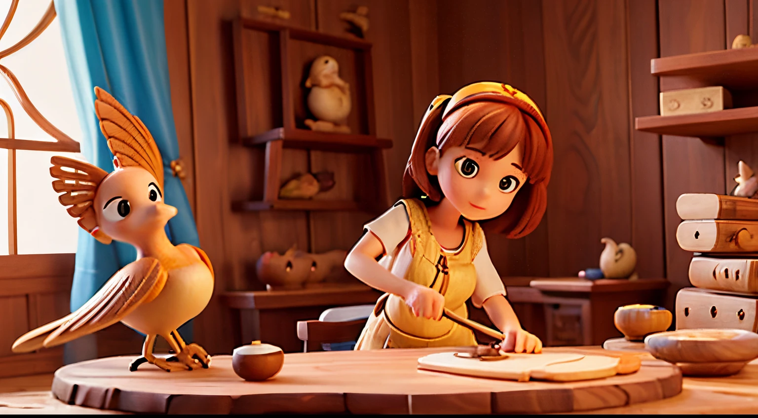 Young woman，wood carving master，carving a wood carving bird，disney pixar animation style