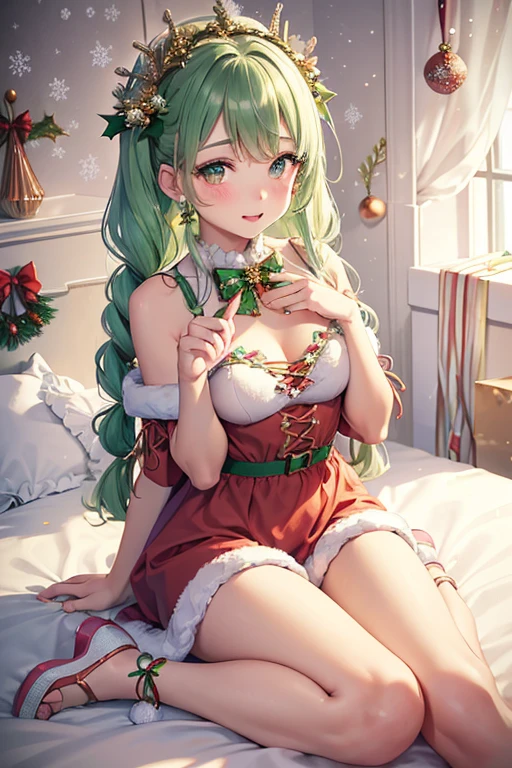 (green Christmas mood1.4),1girl, Santa Claus dressGarden Sprite in Pastel Harmony,Jumpsuit with oversized angel wings in pastel colors,Playful ruffles and layers for a whimsical touch,Cinched waist for a flattering silhouette,Flower-adorned garland worn as a crown,Ribbons intertwined with braided hair,Lace-up sandals or ballet flats with ribbon ties,Dewy makeup with pastel eyeshadows,Glitter or flower petal accents on cheeks,Pastel-colored nail polish for a finishing touch,snowflakes in the air,(Christmas trick art:1.4),masterpiece