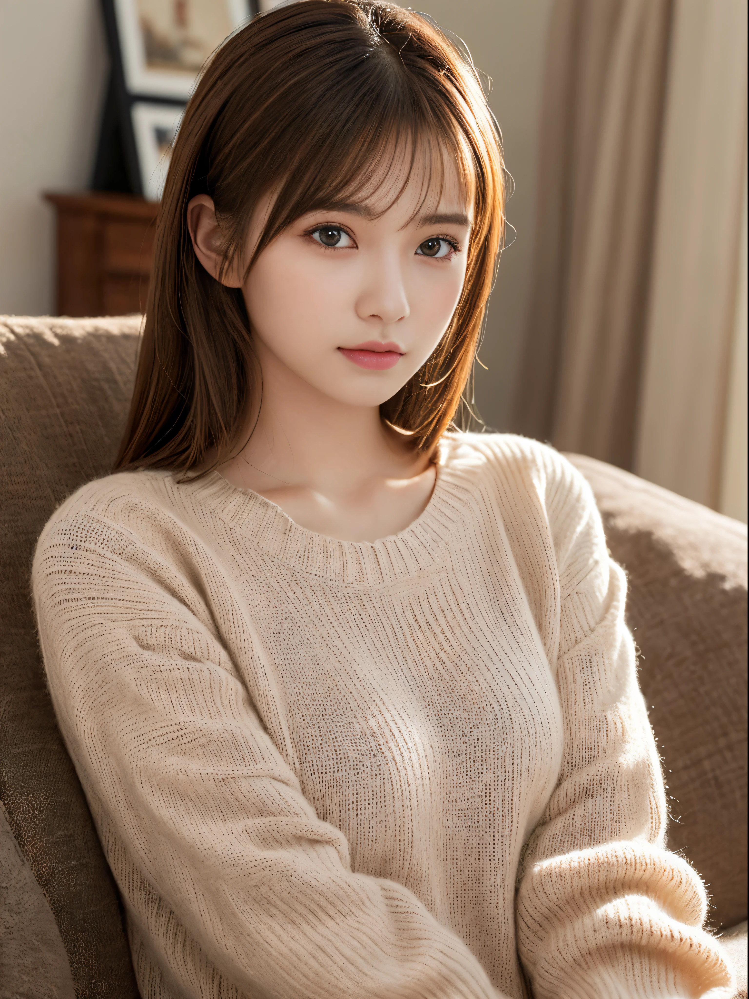 (masterpiece:1.5)、(8K)、(Photorealsitic:1.5)、Raw photography、(Top image quality:1.4)、(foco nítido:1.5)、 (PurerosFace_v1:0.5)、
top-quality、masterpiece、超A high resolution、Soft lighting、
23 years old、slender、prety woman:1.4、serious facial expression、
In the living room where the morning sun shines、 Sitting on a cozy sofa、
she is wearing a red knitted sweater.、
light brown hair、poneyTail、Glowing hair、
Super Detail Face、A detailed eye、二重まぶた、
Natural Color Lip、Transparent skin、