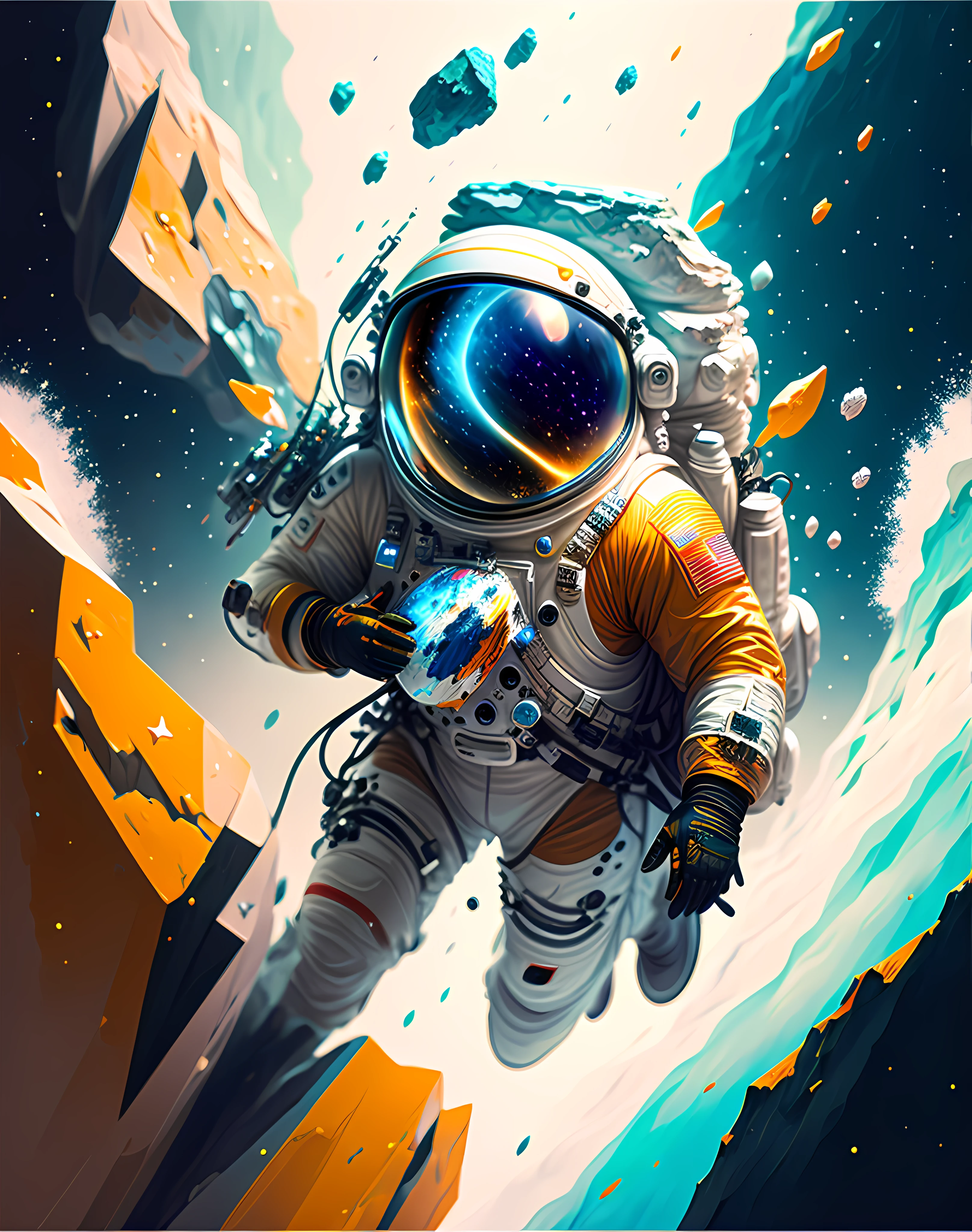 The astronaut, climbing the asteroid, Character rendering, super high-quality model, ethereal background, abstract beauty, blasts, oil painted, whack, paint drops,4K,