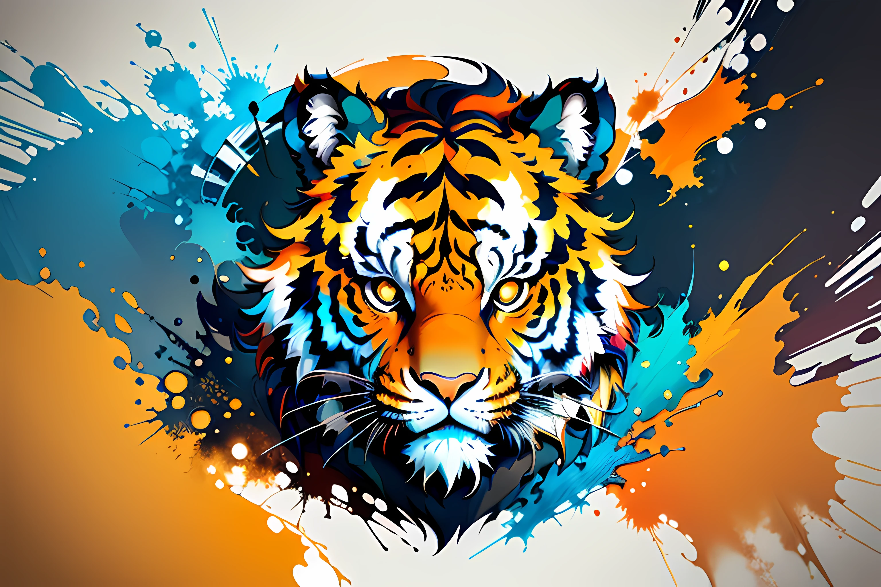 Distorted art of vibrant colorful tiger face，in the form of a future shield，Comes with brush tricks and splatter effects