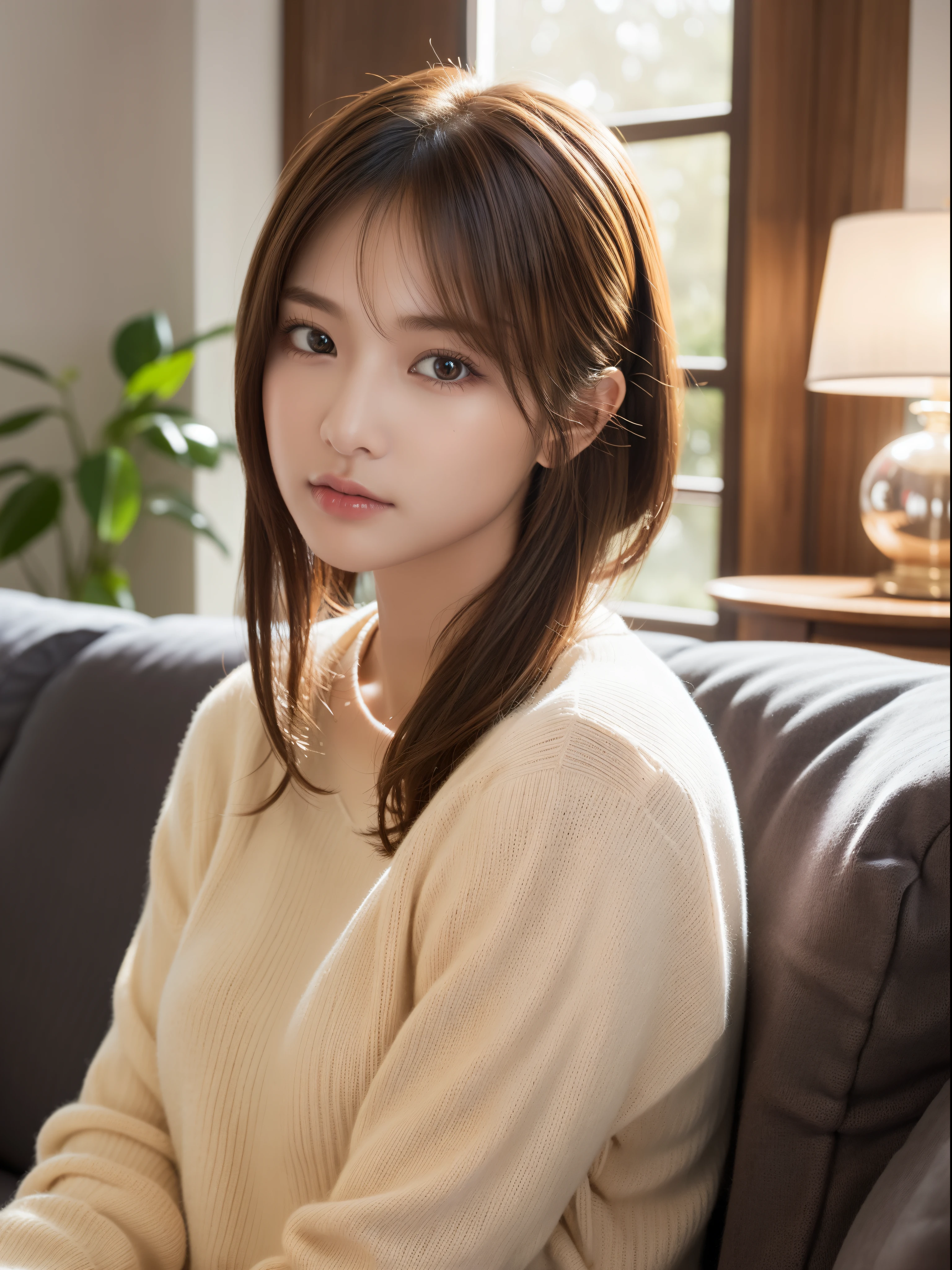 (masterpiece:1.5)、(8K)、(Photorealsitic:1.5)、Raw photography、(Top image quality:1.4)、(foco nítido:1.5)、 (PurerosFace_v1:0.5)、
top-quality、masterpiece、超A high resolution、Soft lighting、
23 years old、slender、prety woman:1.4、serious facial expression、
In the living room where the morning sun shines、 Sitting on a cozy sofa、
she is wearing a red knitted sweater.、
light brown hair、poneyTail、Glowing hair、
Super Detail Face、A detailed eye、二重まぶた、
Natural Color Lip、Transparent skin、