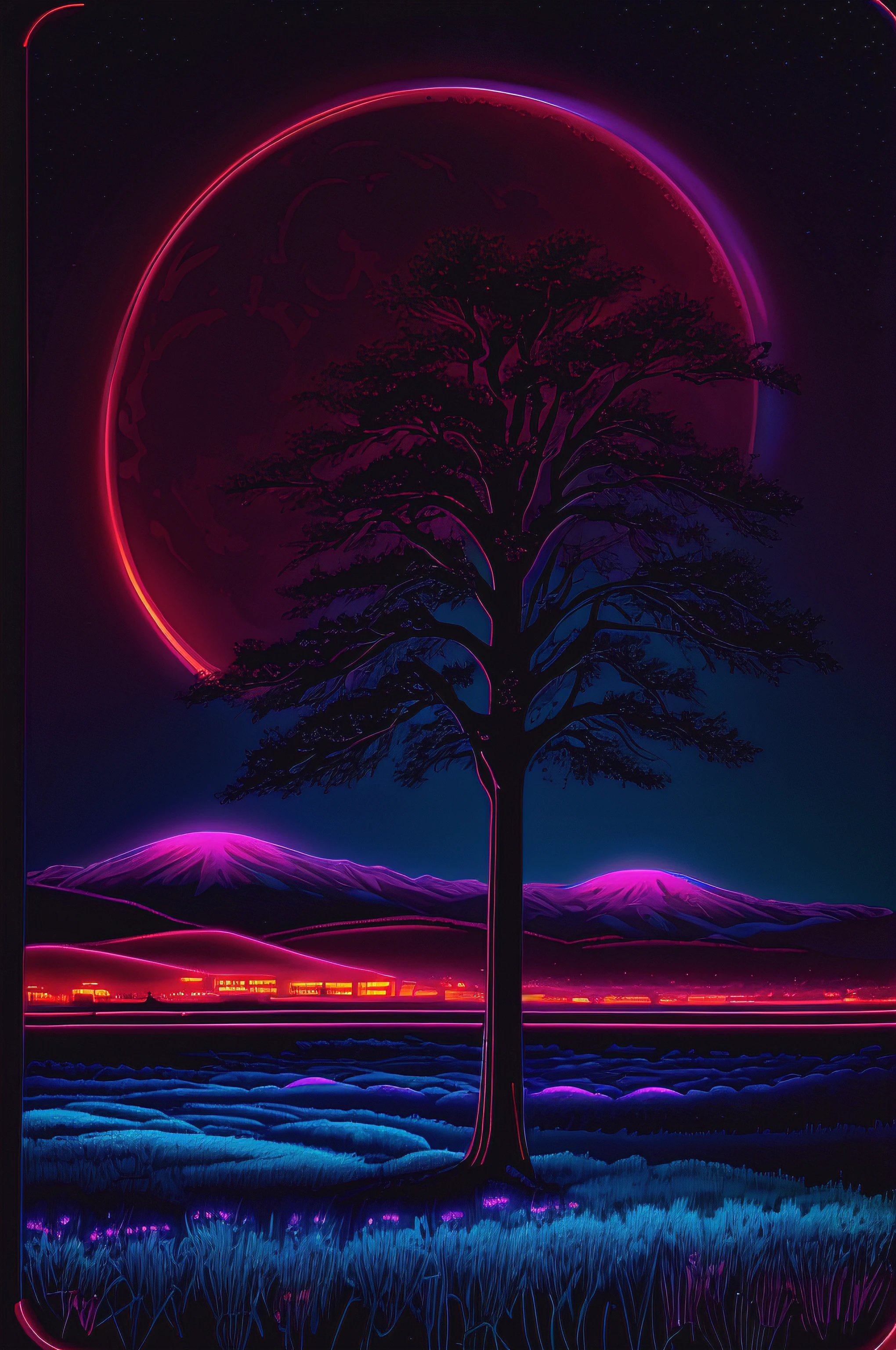 neon_outlines, landscape at night, bloodmoon, high saturation, vibrant colors