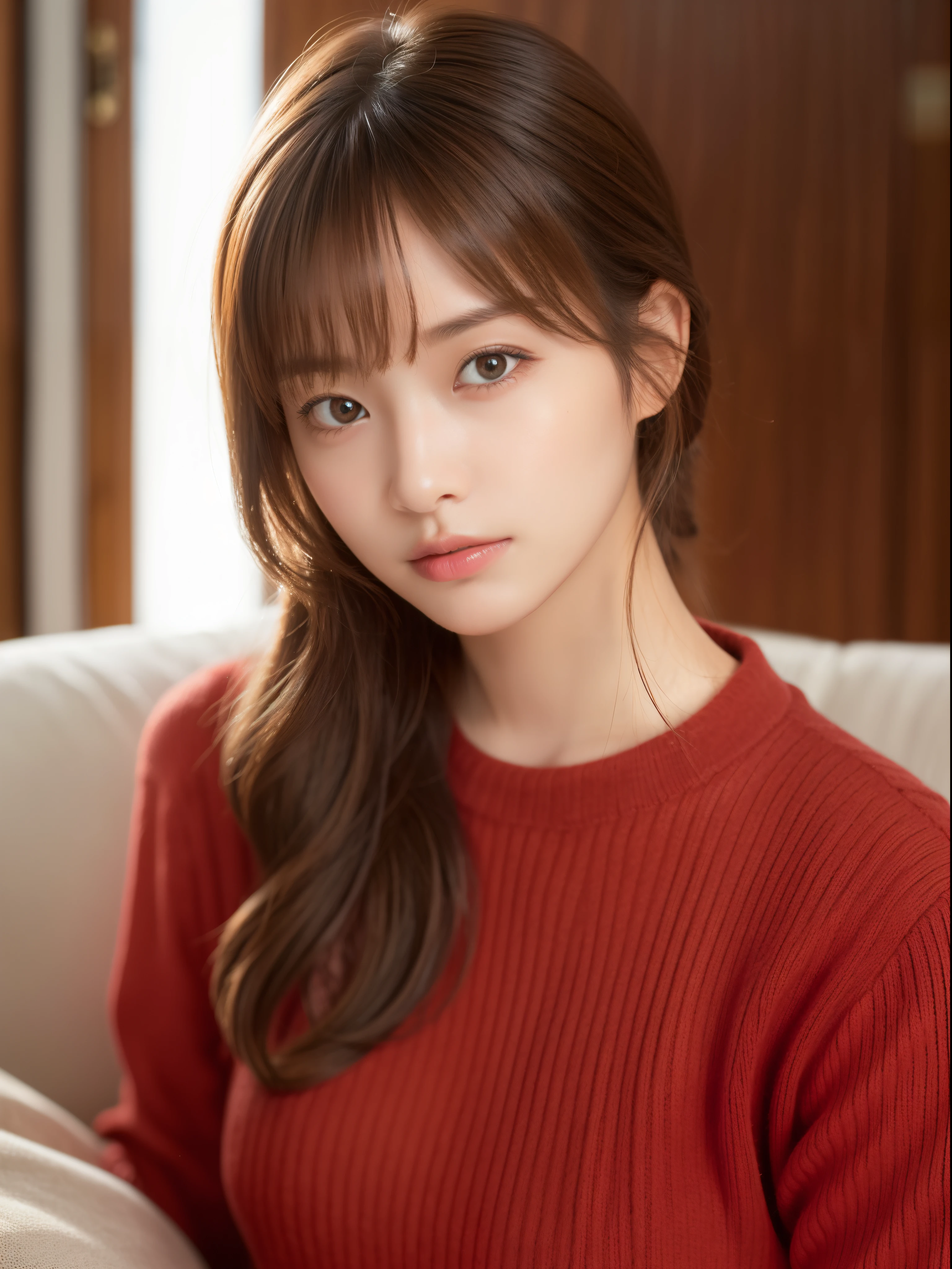 (masterpiece:1.5)、(8K)、(Photorealsitic:1.5)、Raw photography、(Top image quality:1.4)、(foco nítido:1.5)、 (PurerosFace_v1:0.5)、
top-quality、masterpiece、超A high resolution、Soft lighting、
23 years old、slender、prety woman:1.4、serious facial expression、
In the living room where the morning sun shines、 Sitting on a cozy sofa、
she is wearing a red knitted sweater.、
light brown hair、poneyTail、Glowing hair、
Super Detail Face、A detailed eye、二重まぶた、
Natural Color Lip、Transparent skin、
