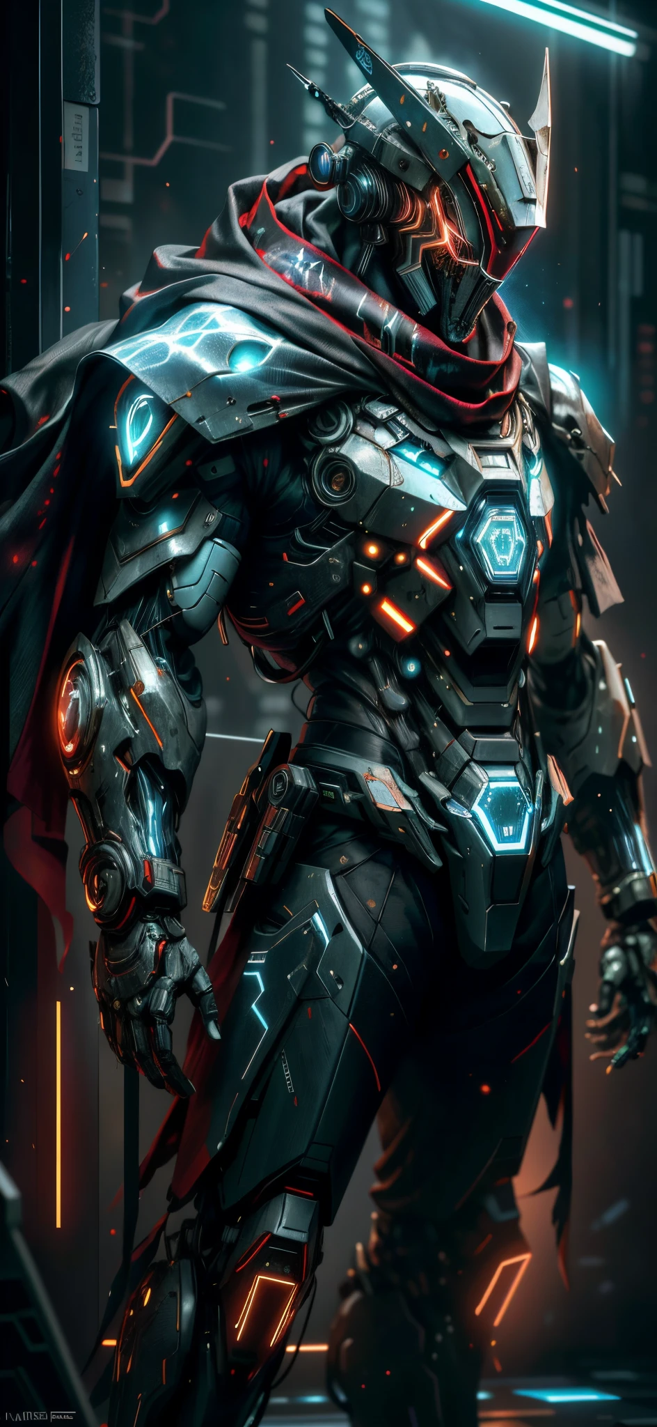Realstic,Brillant,reflective,bioluminique, Galactic cybernetic mask,mecha,(assassin:1.2),foulard,manteau,SH4G0D,Runes Rougeoyantes_rouge,corps complet,Cinemnatic,background dark,backlight,high contrast,