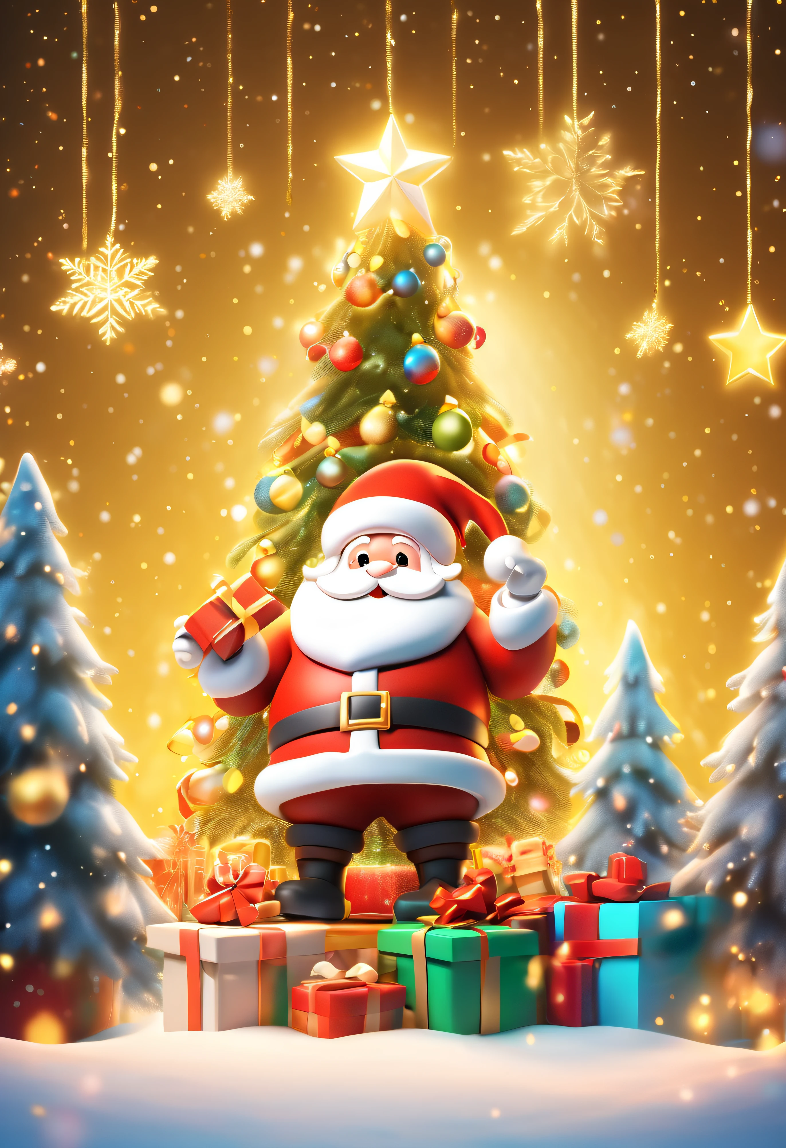3D Rendering, Christmas Night View, There'big christmas tree in the middle of the poster., decorated with colorful lights, sky starry curtain, And a gift box on the snow. Cute and gentle Santa Claus with a gift, warm yellow background and bright night