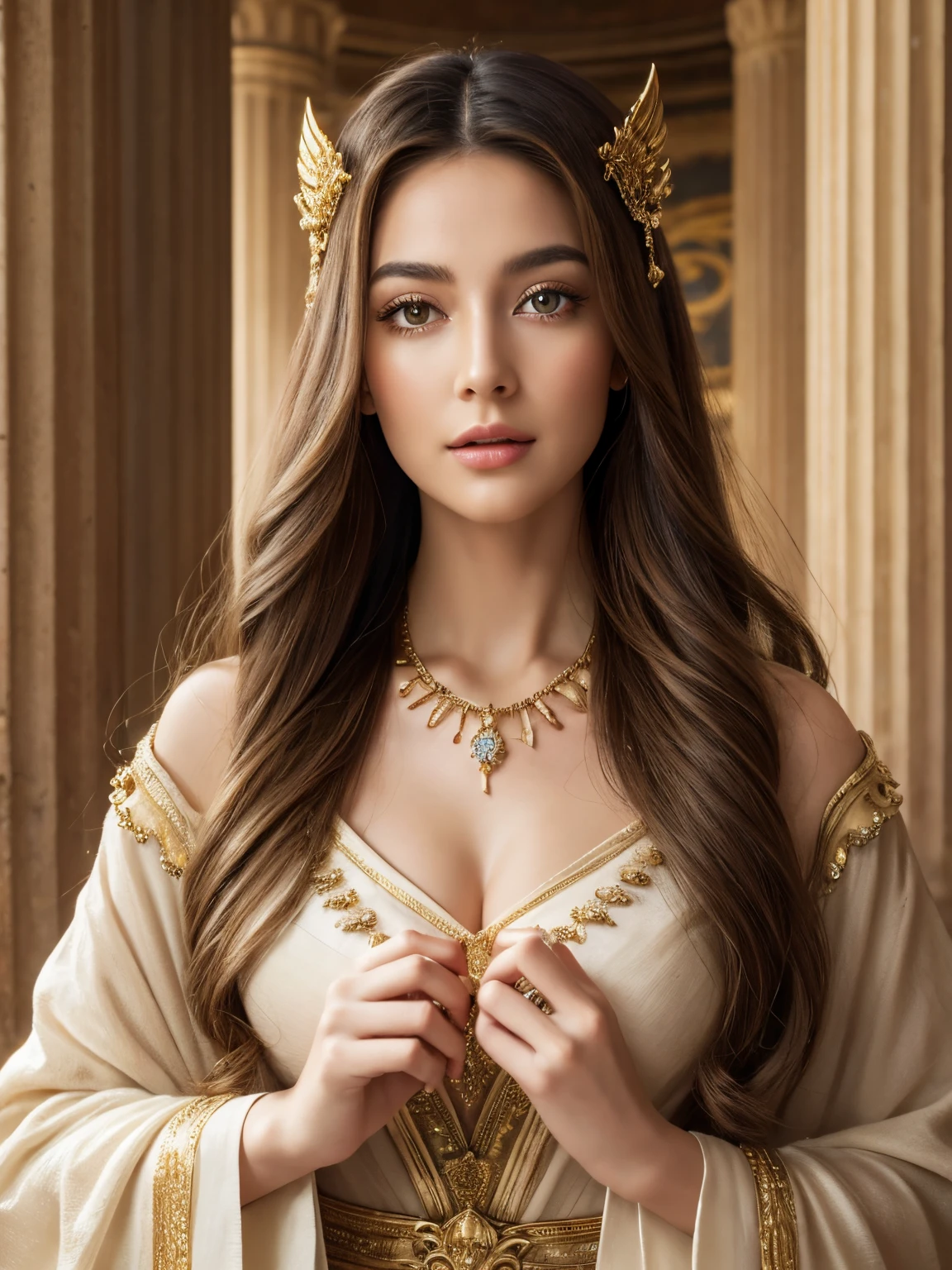 “(best quality,4k,highres,ultra-detailed,masterpiece:1.2),vividly realistic portraits,beautiful,detailed eyes,beautiful,detailed lips,extremely detailed eyes and face,long eyelashes,mesmerizing gaze,graceful goddesses,divine beauty,golden crowns,flowing golden hair,elegant goddesses,serene expressions,enchanting smiles,regal attire,ethereal dresses,goddess symbolism,wisdom and power,mythical background,stunning landscapes,majestic gardens,ancient ruins,mythical creatures,sparkling rivers and lakes,towering pyramids,mystical aura,pantheon of gods,godly presence,harmony of goddesses,magical realism,soft and warm color palette,natural light,subtle shadows,Athena's owl,Isis's wings,Freya's necklace,storybook illustrations,inspired by ancient mythology"