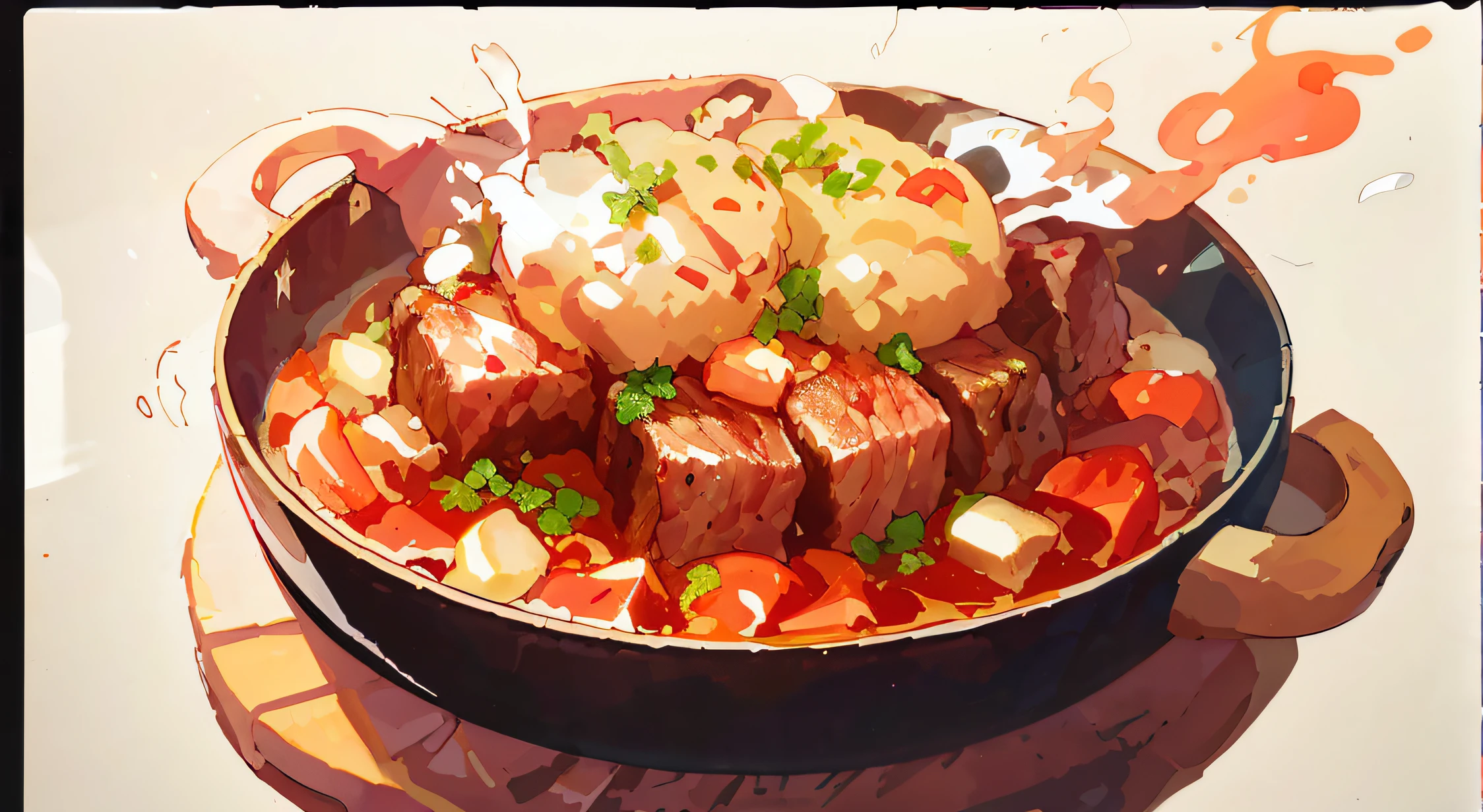 There a pot of meat,oda#39;oda#39;oda#39;There meat and vegetables inside, beef, Anime food, Amazing food illustration, A beautiful artistic illustration, cool food pictures, author:Anime painter studio, High quality anime art style, high quality digital painting, detailed digital painting, concept art illustration, digital painting art, very detailed digital painting, Digital anime illustration