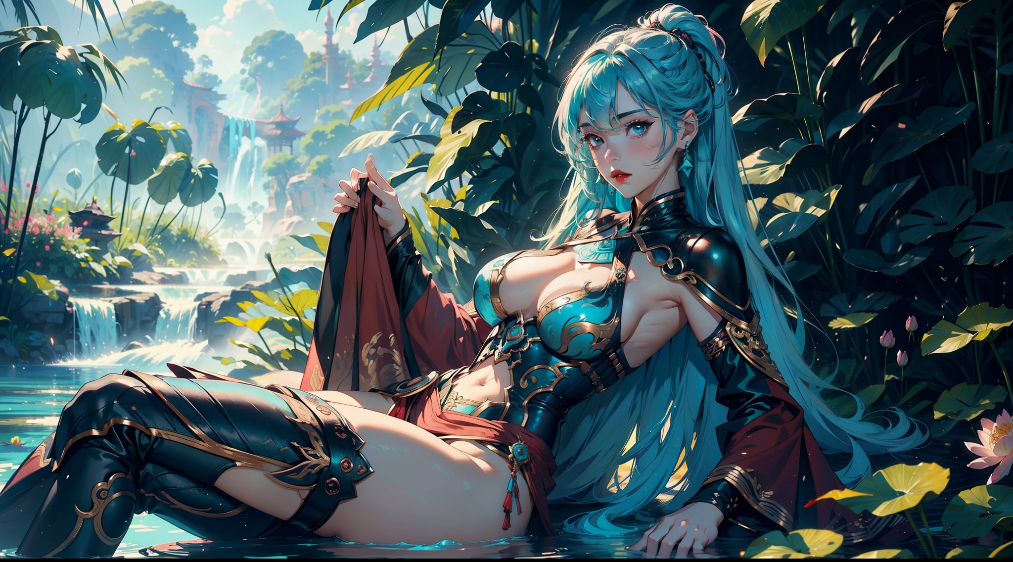 1female,(((solo))), 21 years old,,mature,plumw,extremely large bosom ,Pornographic exposure, 奏,(Background with:the rainforest,lotus flower,ponds,stunning view,with blue sky and white clouds) Keep hair long,laying underwater,seen from the front,(((cyan hair))), hair straight, mostly cloudy sky,(((tmasterpiece),(Very detailed CG unity 8K wallpaper),best qualtiy,cinmatic lighting,detailed back ground,beatiful detailed eyes,,Redlip(Very fine and beautiful),(Beautiful and detailed eye description),ultra - detailed,tmasterpiece,)),facing at camera,A high resolution,ultra - detailed),revealing breastare genitalia, Bulge,legs are open,Raised sexy,Camel toelushed complexion,Open-mouthed,frontage,Mongol cavalry,(Wearing:cyan capelet,Armour,Bare lower body,Bare breastare ,pink and black color scheme,Hanfu,Iron Man Mech),