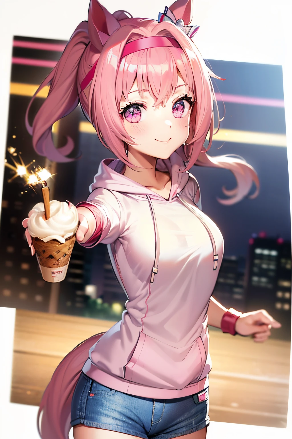 masuter piece, Best Quality, 超A high resolution, top-quality, Anime style, The best lighting, Beautiful face, Pink hair, Energetic girl, Looking at Viewer, Portrait, pink horse tail, Smiling cheerfully, (Background of Shibuya:1.2), The best lighting, The best smile, Face Close-up, (1girll:1.3), (White hoodie:1.4), (denim short pants:1.3), Eat soft-serve ice cream, Attach the headband