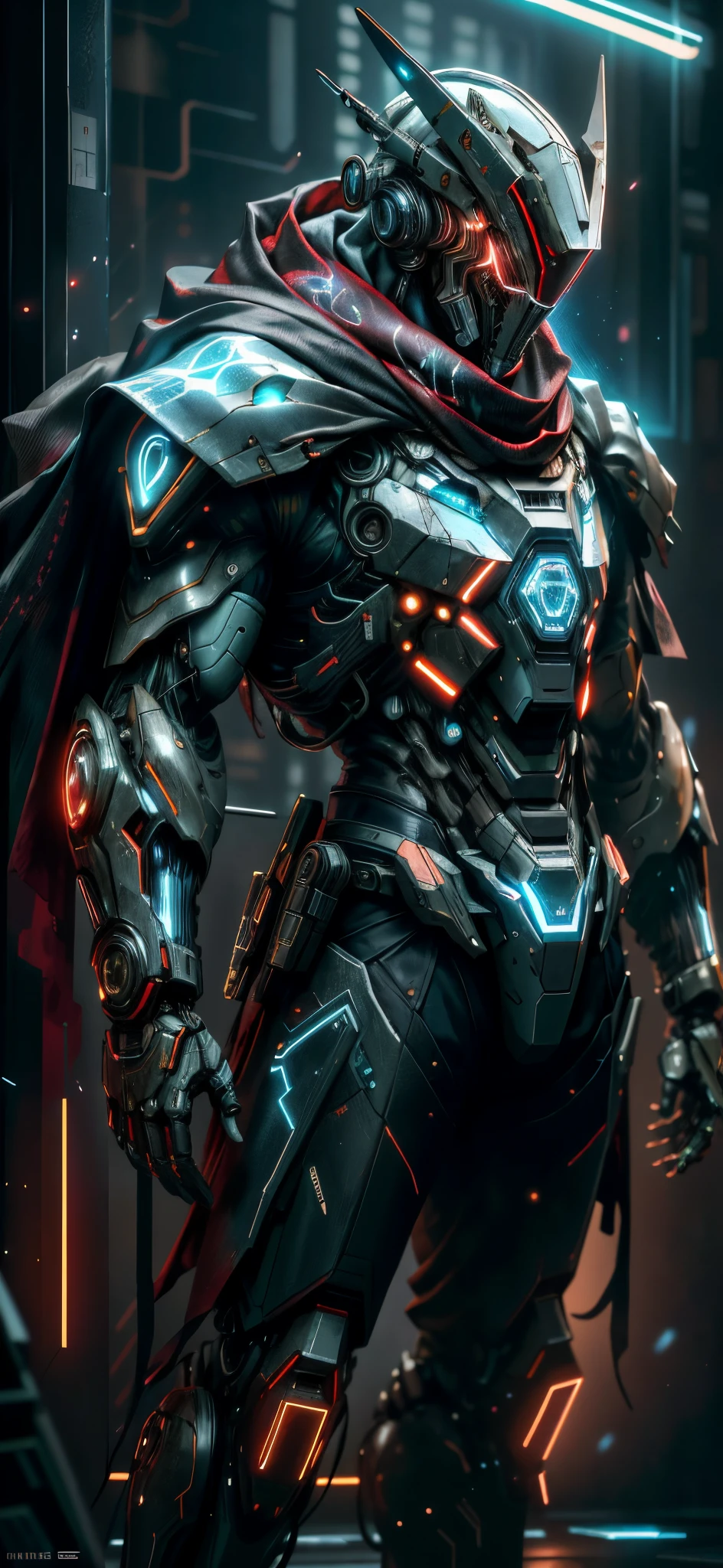 Realstic,Brillant,reflective,bioluminique, Galactic cybernetic mask,mecha,(assassin:1.2),foulard,manteau,SH4G0D,Runes Rougeoyantes_rouge,corps complet,Cinemnatic,background dark,backlight,high contrast,