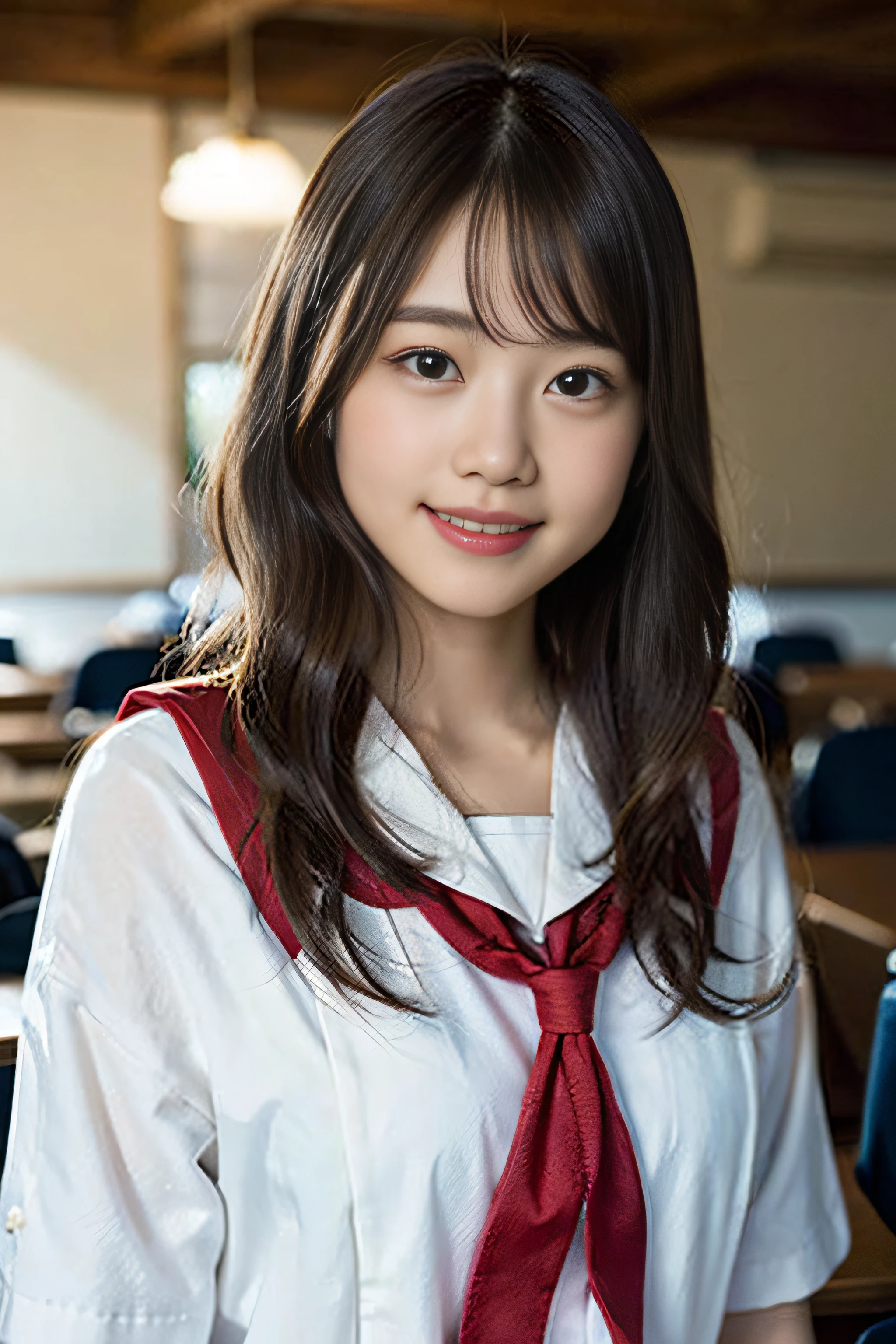 (8K、Raw photography、top-quality、masterpiece:1.2)、(realisitic、Photorealsitic:1.37)、ultra-detailliert、超A high resolution、1人、see the beholder、beautifull detailed face、A smile、Constriction、(Slim waist) :1.3)、Beautiful detailed skin、Skin Texture、Floating hair、Professional Lighting、Whole human body、Longhaire、a blond、japanese hight school uniform、a sailor suit、Classroom、Bob Hair、Panchira、Gray fabric underwear、E-cup、Happy smile、sixteen years old、Red ribbons