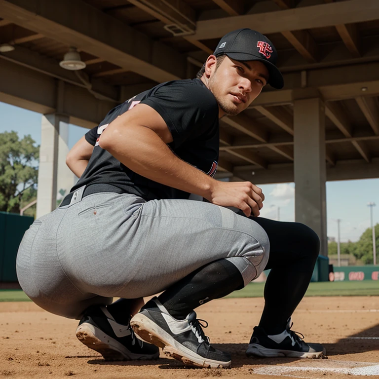 An male baseball player squatting to show his comically large butt in his tight baseball pants