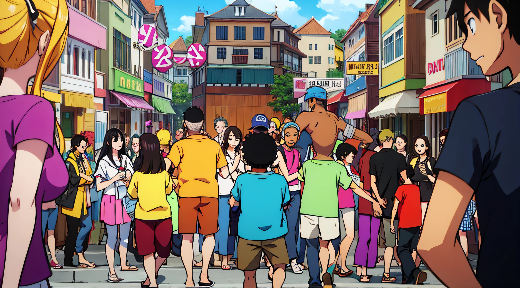 group of girls and boys, in the city, looking directly