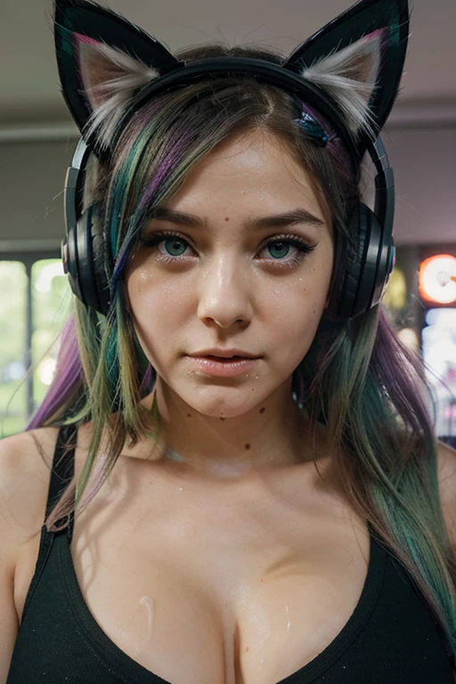 cat ear headphones, gamer girl, nerdy panties, cute, feminine face, big eyes, green eyes, rainbow hair, vibrant hair, cum on face, tears, crying, out of breath, orgasming