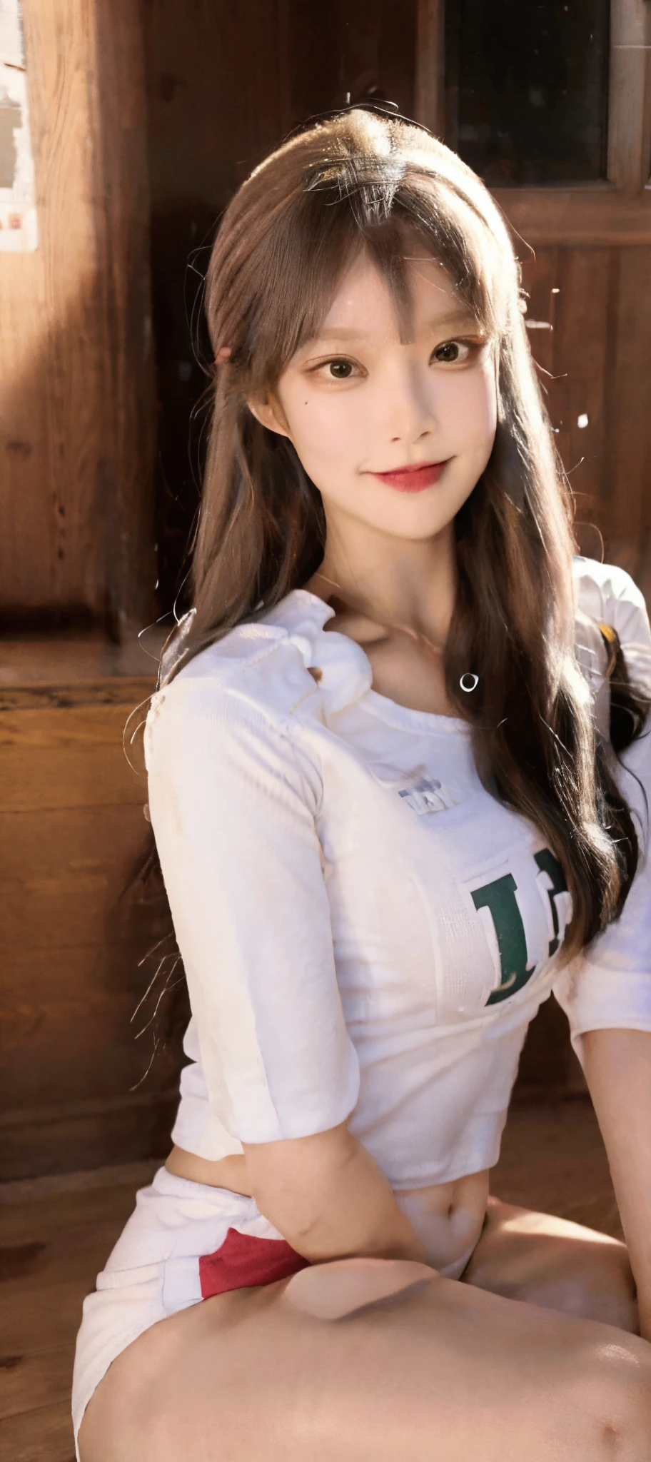 1lady solo, /(volleyball uniform/), /(dark brown hair/) bangs, blush light smile, (masterpiece best quality:1.2) delicate illustration ultra-detailed, BREAK /(volleyball court indoors/)