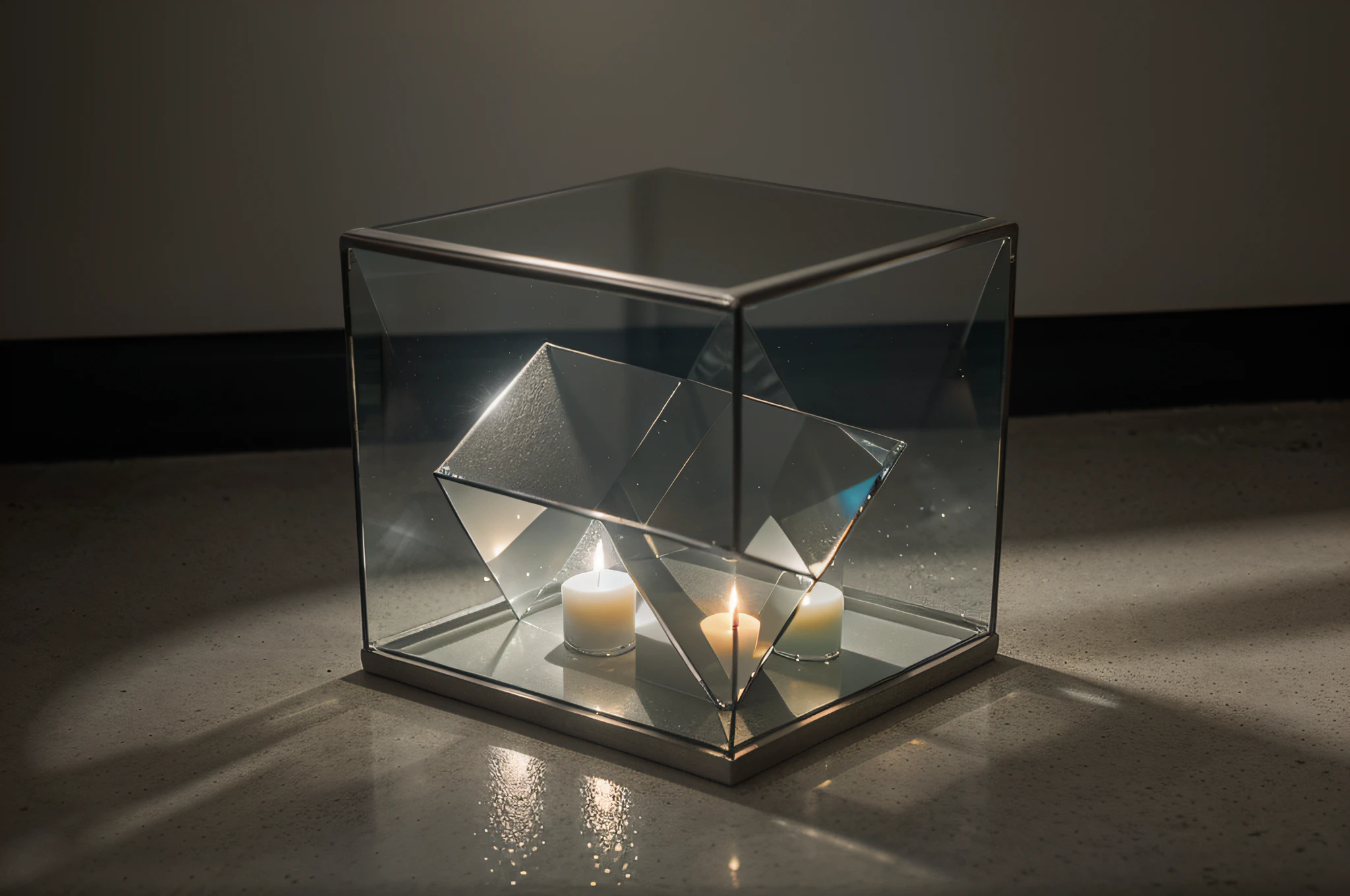 a transparent glass cube with beveled edges stands on a concrete surface, a candle burns inside this glass cube, the light from the candle  refracted in the beveled edges of the cube and casts glare on the concrete slab, fine art photography, minimalism, ISO 90, Canon EOS 6D Mark II, Canon EF 24-70mm f/2.8L II USM