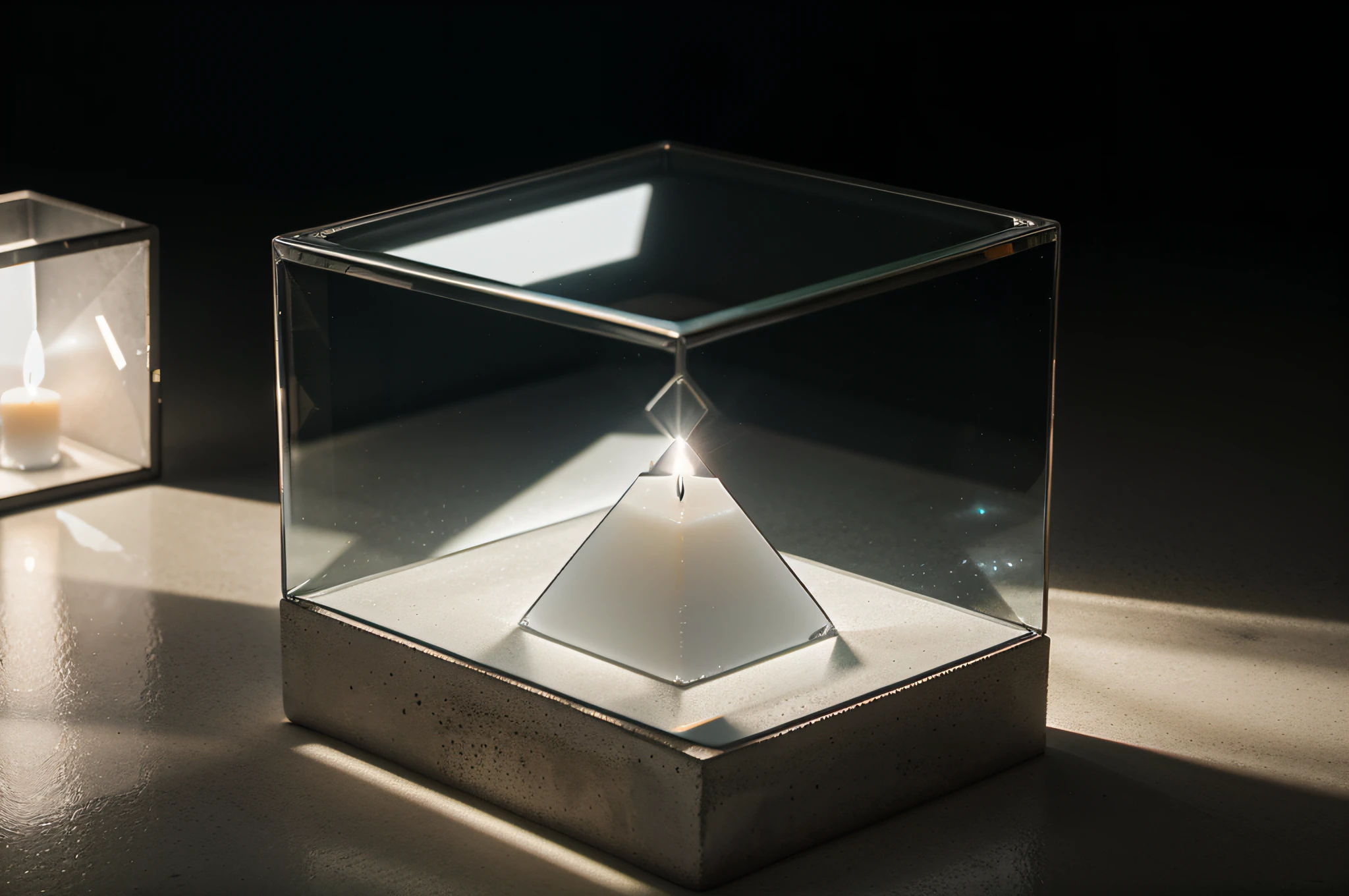 a transparent glass cube with beveled edges stands on a concrete surface, a candle burns inside this glass cube, the light from the candle refracted in the beveled edges of the cube and casts glare on the concrete slab, fine art photography, minimalism, ISO 90, Canon EOS 6D Mark II, Canon EF 24-70mm f/2.8L II USM