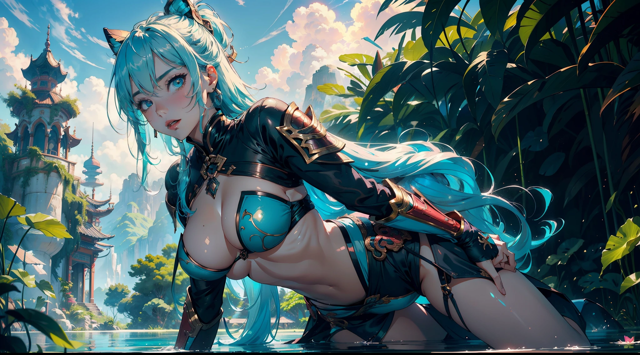 1female,(((solo))), 21 years old,,,plumw,extremely large bosom ographiosure, 奏,(Background with:the rainforest,lotus flower,ponds,stunning view,with blue sky and white clouds) Keep hair long,laying underwater,seen from the front,(((cyan hair))), hair straight, mostly cloudy sky,(((tmasterpiece),(Very detailed CG unity 8K wallpaper),best qualtiy,cinmatic lighting,detailed back ground,beatiful detailed eyes,,(Very fine and beautiful),(Beautiful and detailed eye description),ultra - detailed,tmasterpiece,)),facing at camera,A high resolution,ultra - detailed),revealing breastare genitaBulge,legs are open,Raised sexy,Camel toelushed clexiouthed,frontage,Mongol cavalry,(Wearing:cyan capelrmour,Bare lower body,Bare breastare ,pink and black color scheme,Iron Man Mech),