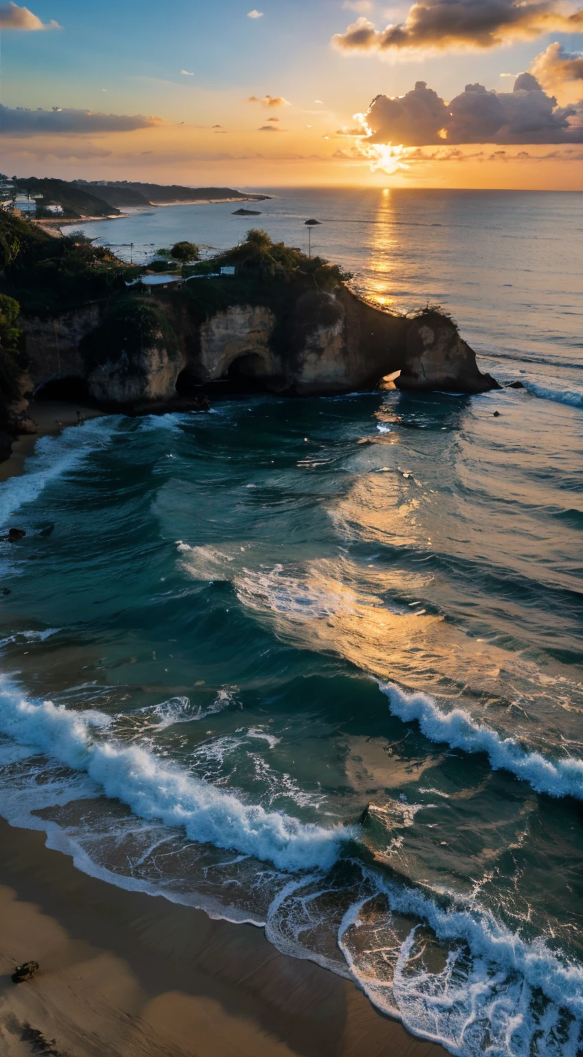 praia ao por do sol realista, 4k, ultrarealista, crystal water, montanhas, brasil