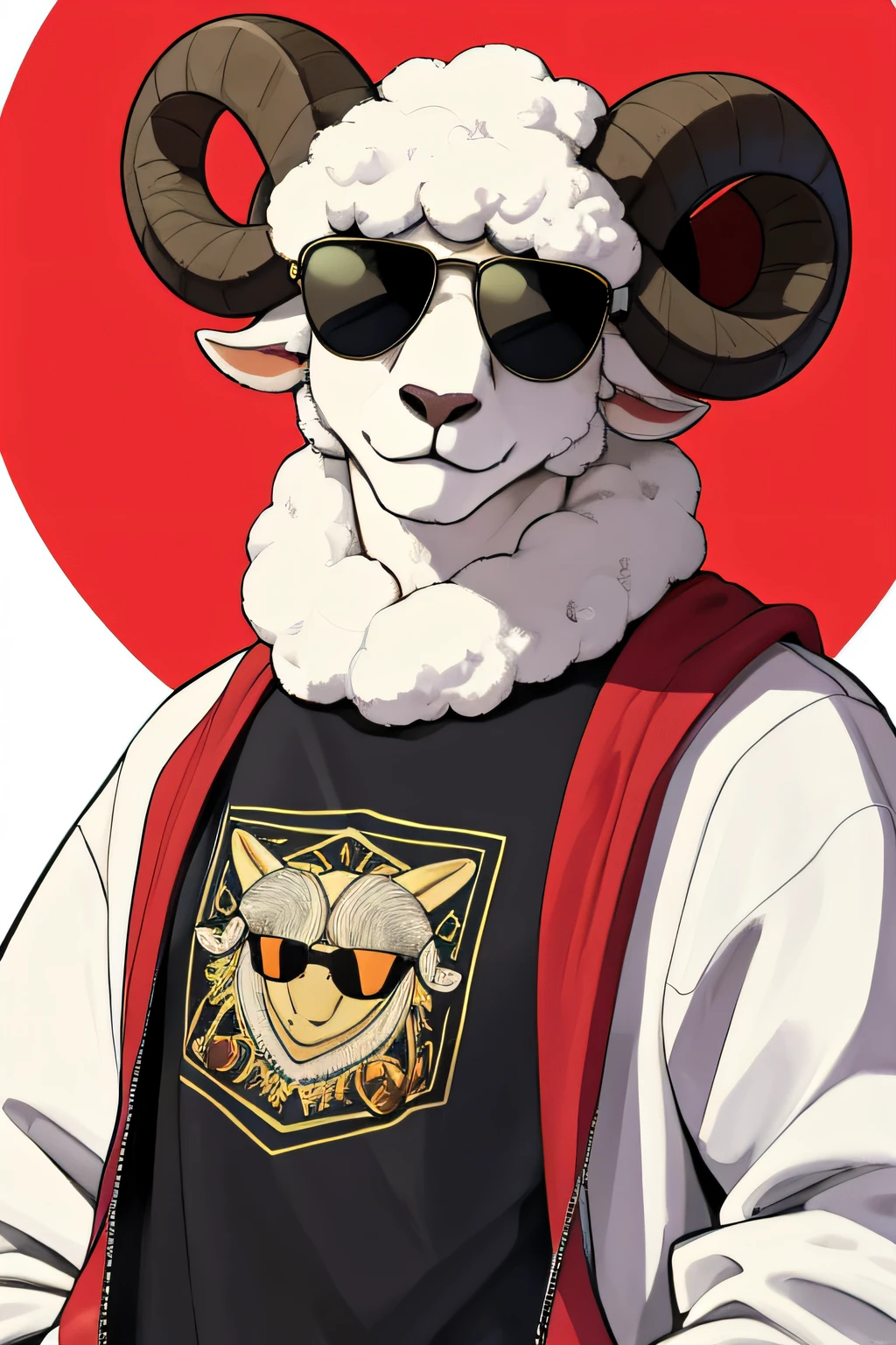 Sheep with circular horn wearing sunglasses, fumando charuto, good proportions, Chade, streetwear, Naipe, stoic expression, fraca, high resolution, Very high detail, foco no personagem