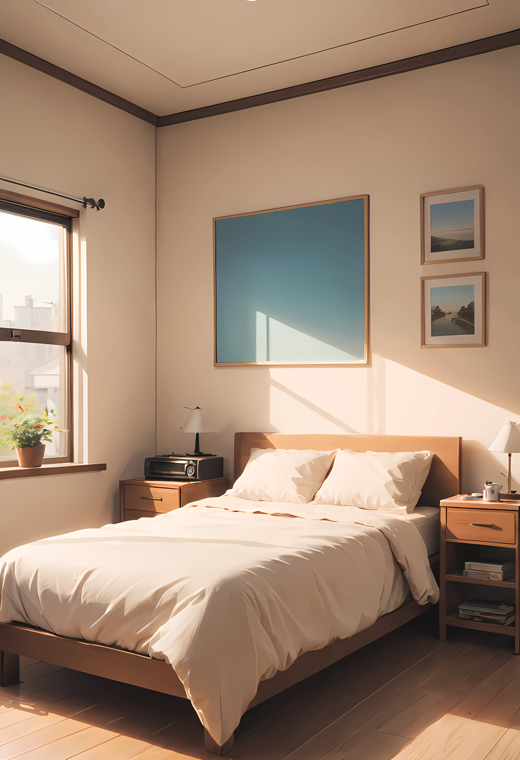 (masterpiece, best quality:1.2), no human, minimalist room, minimalist, minimalism, clean, Japanese, (bedroom, desk, minimalism:1.4), studio ghibli, anime style, clean, interior, modern:1.4, clean desk, warm tone, Fujifilm, motion blur, cinematic lighting, bloom, chromatic aberration abuse, film grain, Fujicolor, masterpiece, super detail, highres, best quality