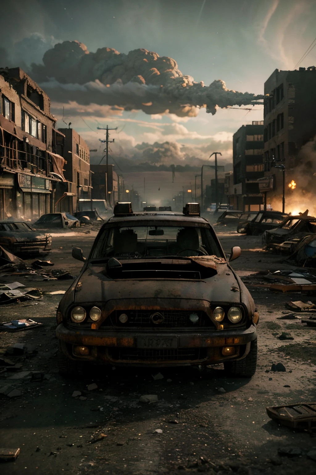 end of the world, (hdr:1.1), (muted colors:1.3),(broken rusty car:0.8), (shards of glass:0.3), (books on earth:0.3), car wreckage, correct scale, apocalypse, abandoned, neutral colors, night, screen space refractions, (intricate details), (intricate details, hyperdetailed:1.2), artstation, cinematic shot, vignette, complex background, buildings, snowy