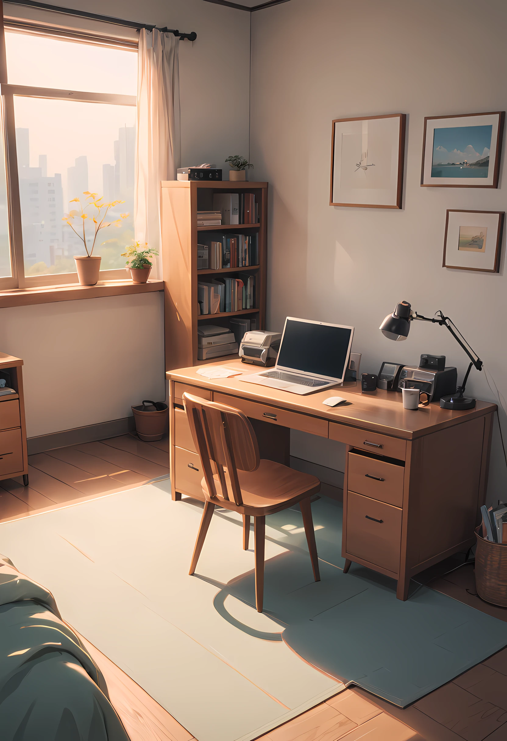(masterpiece, best quality:1.2), no human, minimalist room, minimalist, minimalism, clean, Japanese, (bedroom, desk, minimalism:1.4), studio ghibli, anime style, clean, interior, modern:1.4, clean desk, warm tone, Fujifilm, motion blur, cinematic lighting, bloom, chromatic aberration abuse, film grain, Fujicolor, masterpiece, super detail, highres, best quality