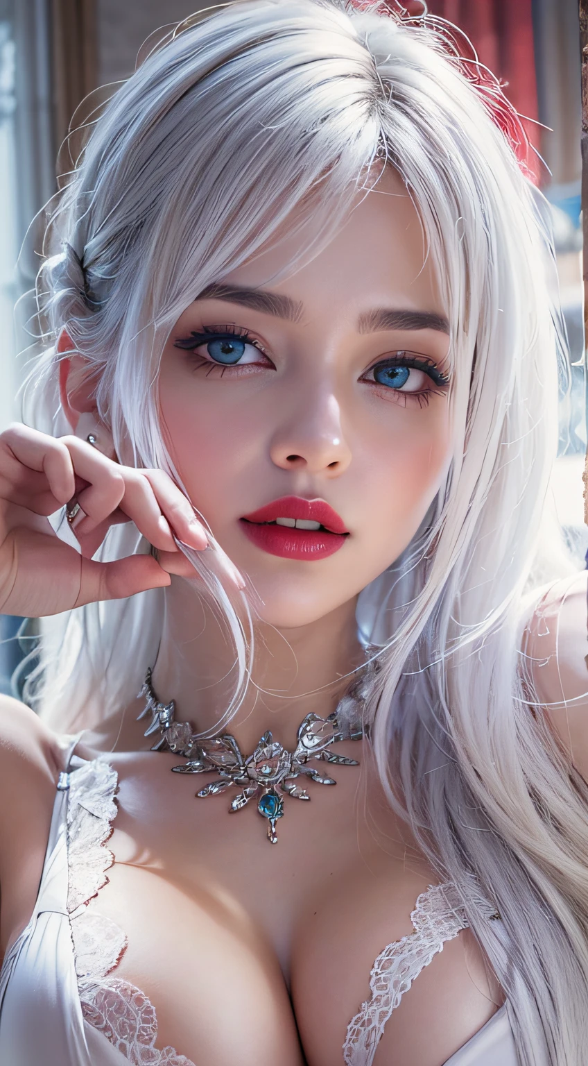 Photorealistic, High resolution, softlight, 1girl in, Solo, hips up high, Blue eyes, (silvery white straight long hair), Red lips, black lace sexy lingerie, hips up high, Jewelry,