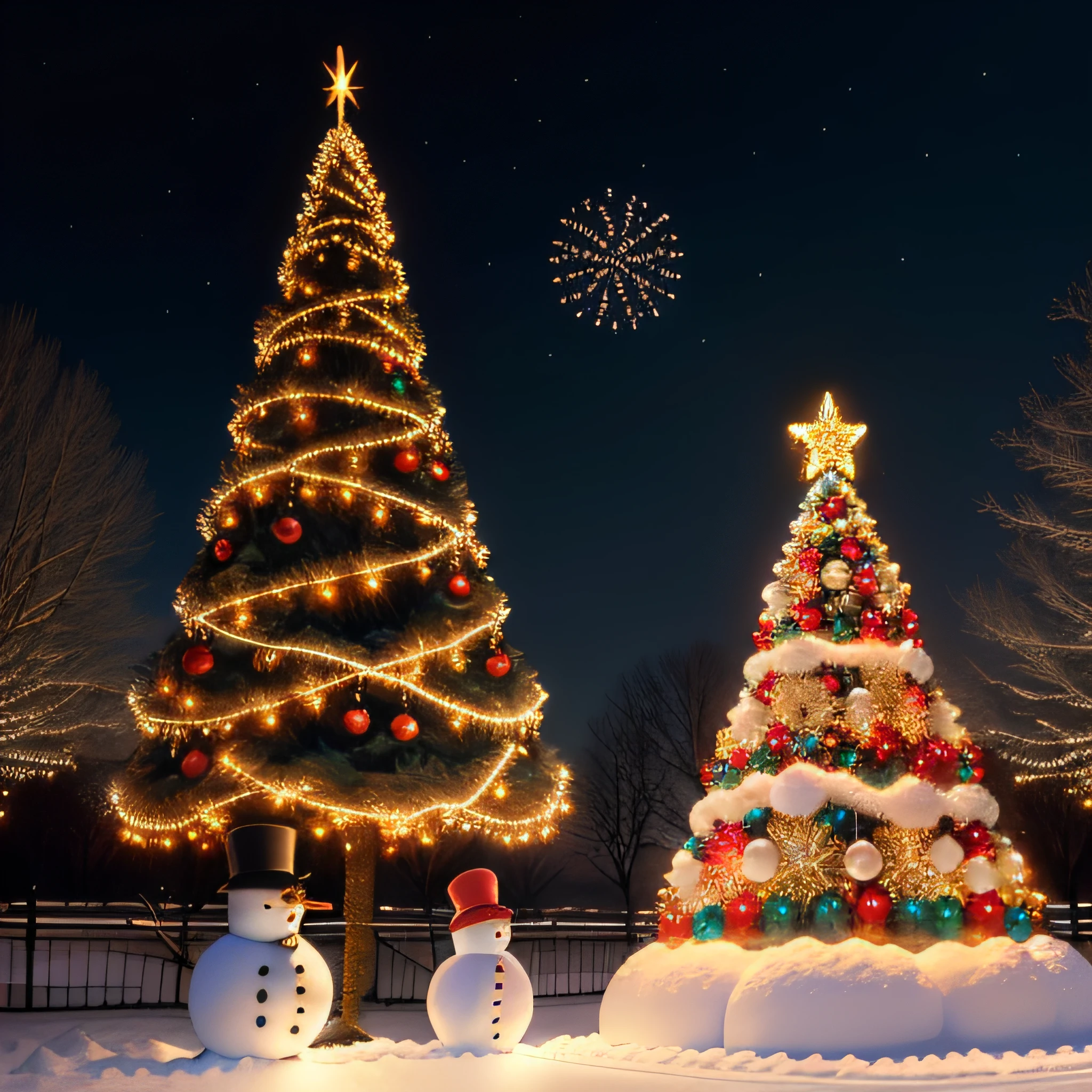 Christmas tree with sparkling illuminations and snowman dolls