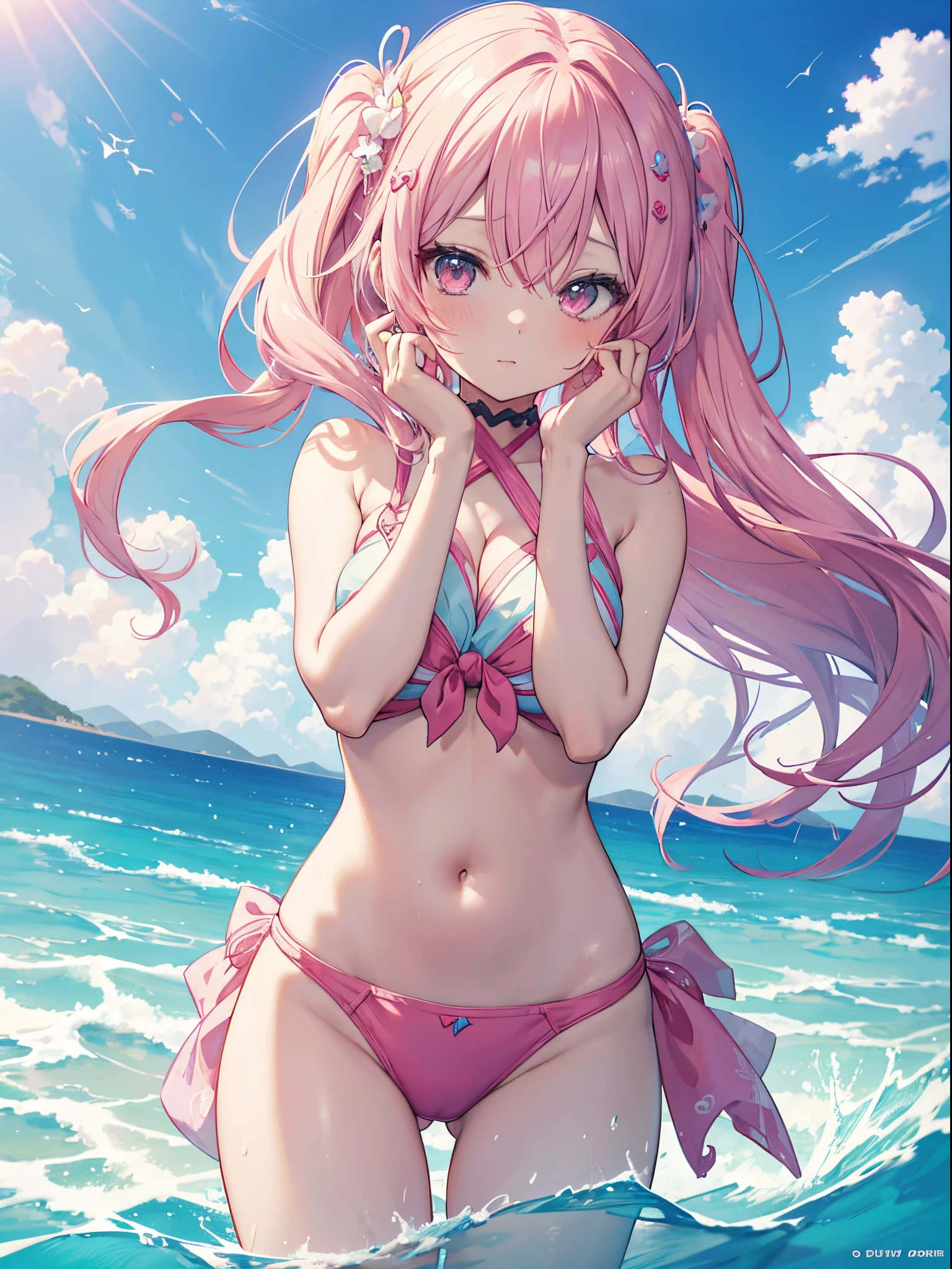 Anime girl in pink bikini in water、Hands on the head, Beautiful anime girl, pretty anime girl, Beautiful anime, Cute anime girl, Beautiful Anime Portrait, beautiful anime woman, guweiz, beautiful anime artwork, Anime visuals of cute girls, charming anime girls, Seductive Anime Girl, 4k anime wallpaper, beautiful anime art
