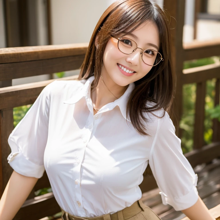 A cute Japanese woman、24 year old、Her white collared blouse is exposed and her D-cup breasts are visible.。Brown pants、Semi-long、a smile、eye glasses