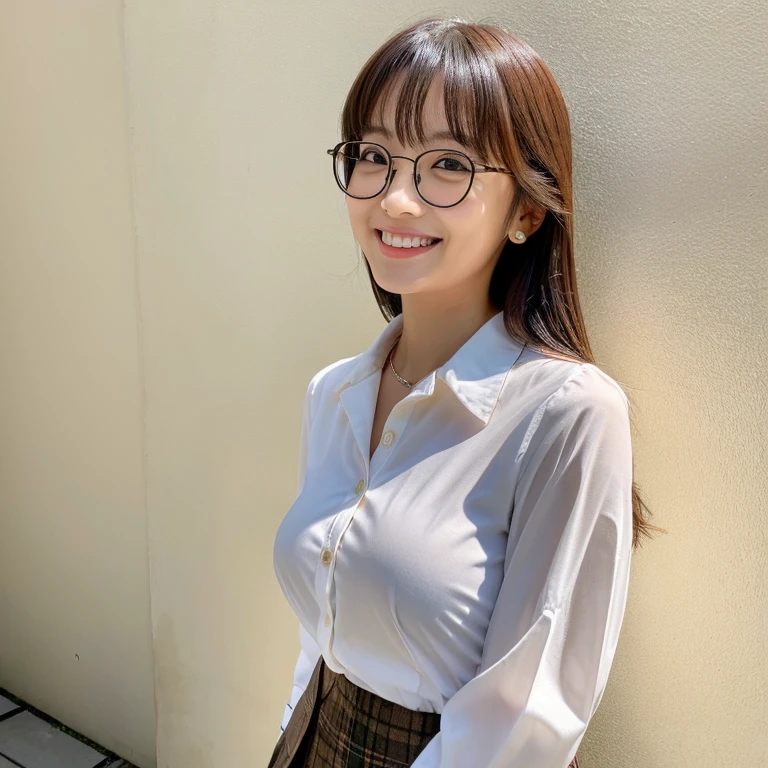 A cute Japanese woman、24 year old、Her white collared blouse is exposed and her D-cup breasts are visible.。Brown pants、Semi-long、a smile、eye glasses