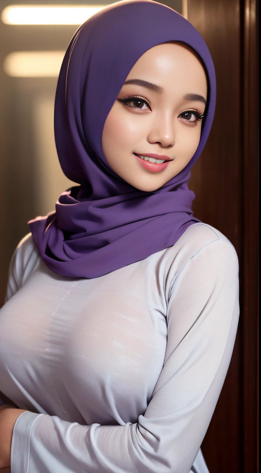 (night scene, close up photo of a sexy naked javanese girl with hijab, posing, look at a camera and smile, pastel hijab, big tit, cute young face, 18 yo, soft volumetric lightacklit:1.3), (cinematic:1.3), intricate details, (ArtStation:1.2),Best quality, high resolution, masterpiece: 1.3), big breasts, slim figure, sweatshirt, beautifully presented details in the street and facial and skin texture, detailed eyes, double eyelids, big eyeschest visible, shirt open