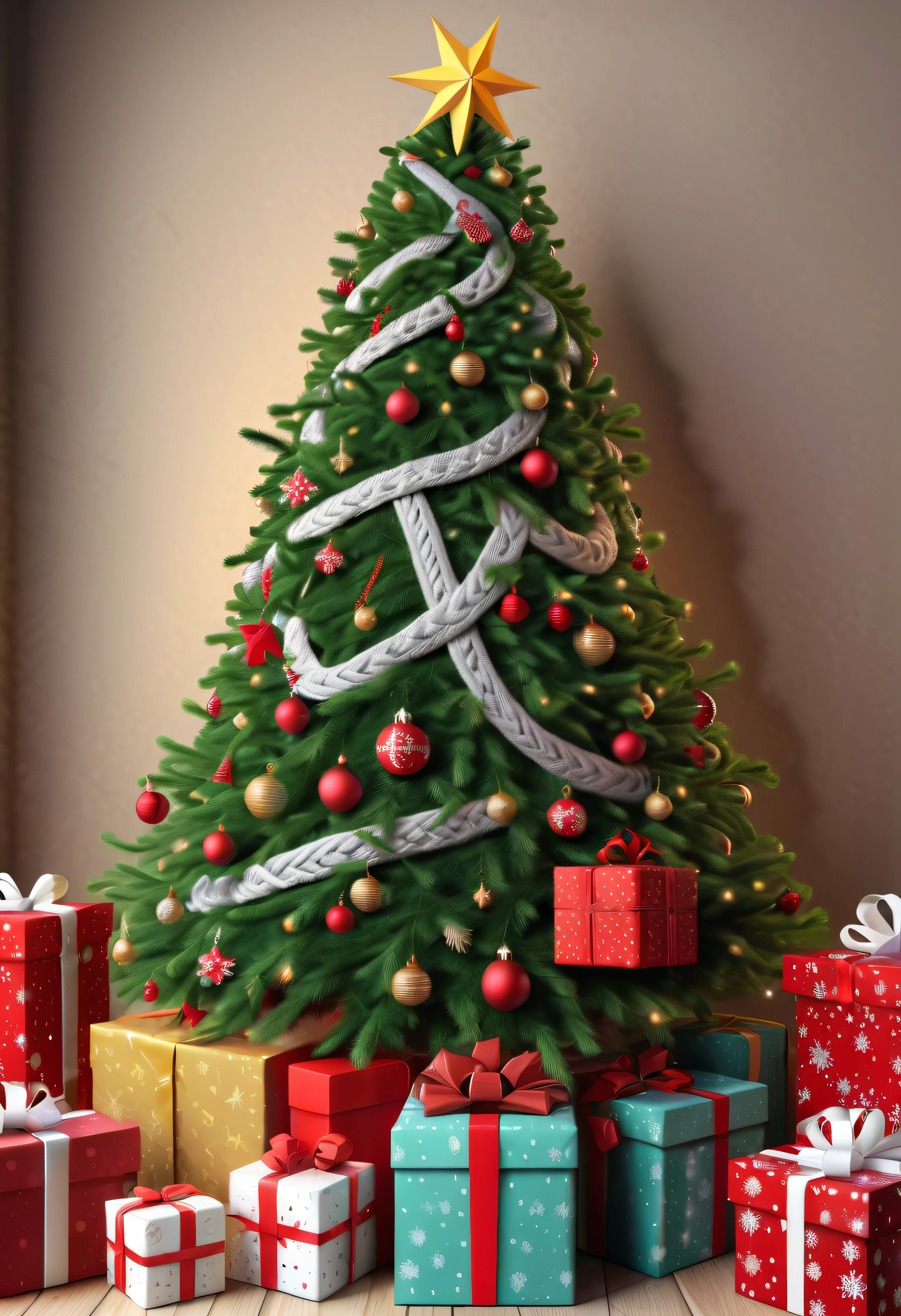 Christmas tree, some snowflakes, Pentagram at the top of the Christmas tree, some gift boxes,3D cable knit,Seamless full screen pattern