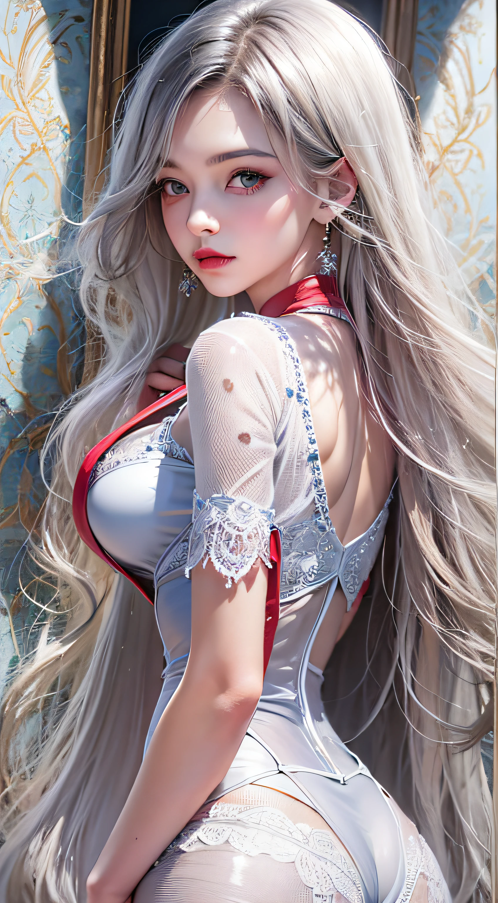 Photorealistic, High resolution, softlight, 1girl in, Solo, hips up high, Blue eyes, (silvery white straight long hair), Red lips, black lace sexy lingerie, hips up high, Jewelry,