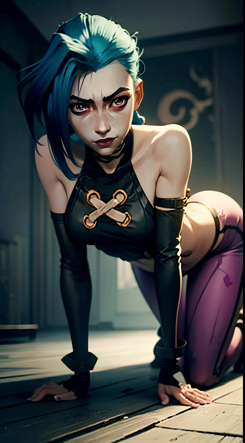 cute naked jinx, arcane character, game design, on her knees, in toilet at night, covered in cum, semen all over her body, naked, looking scared