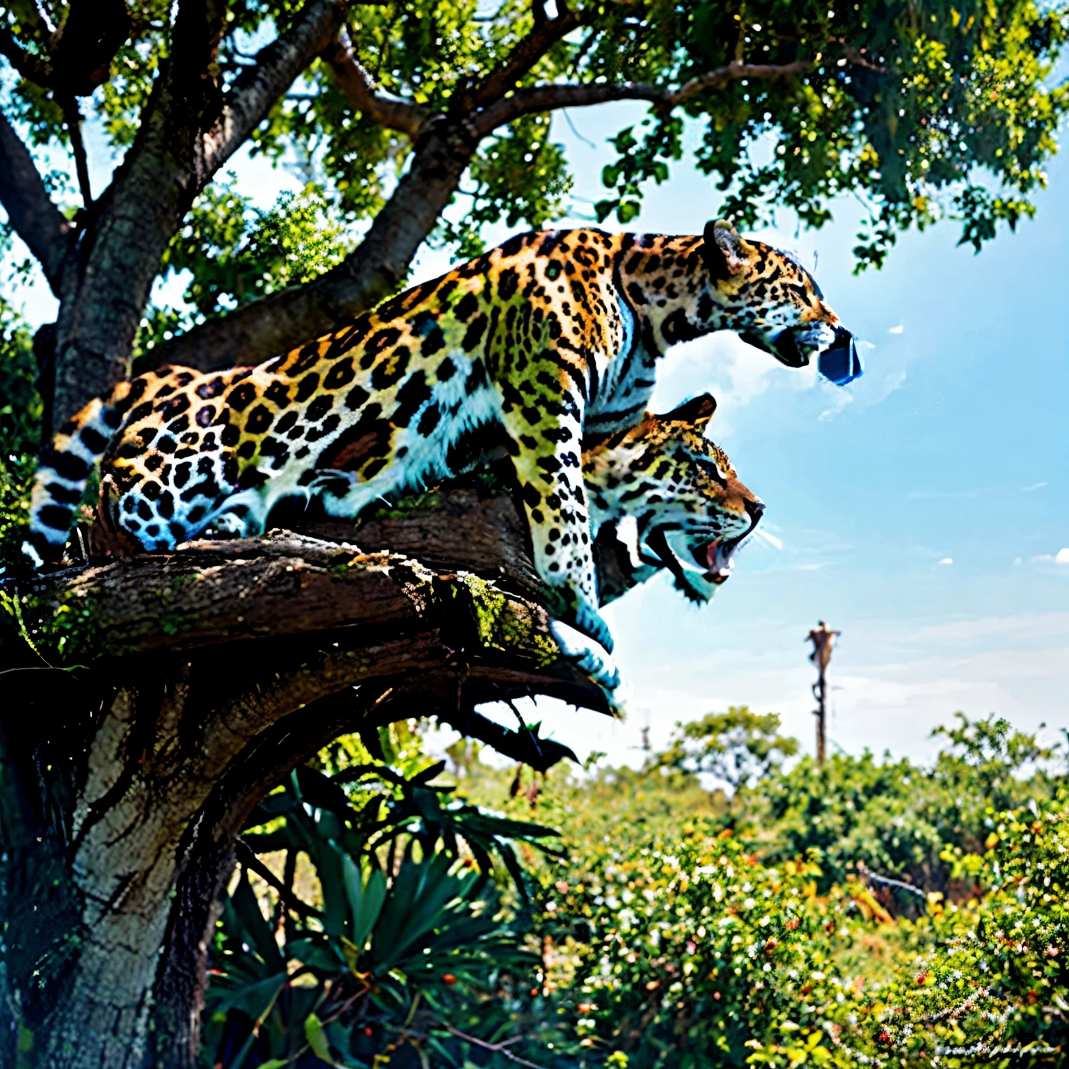 Jaguar on top of a tree, pintura, aquarela, desenho disforme, surrealista