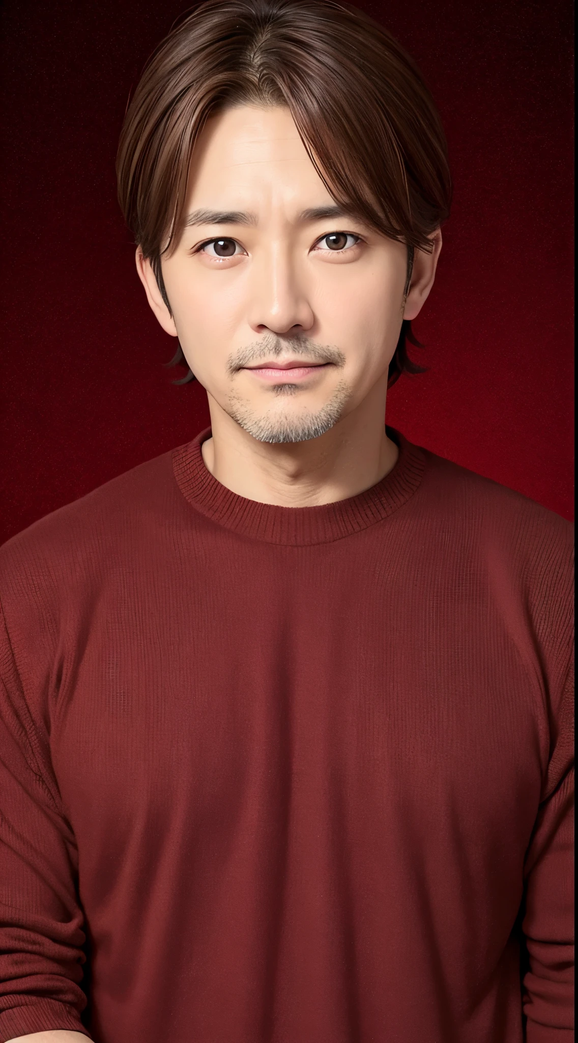Brown hair、a man in his 40s、Red eyes、Christmas Background