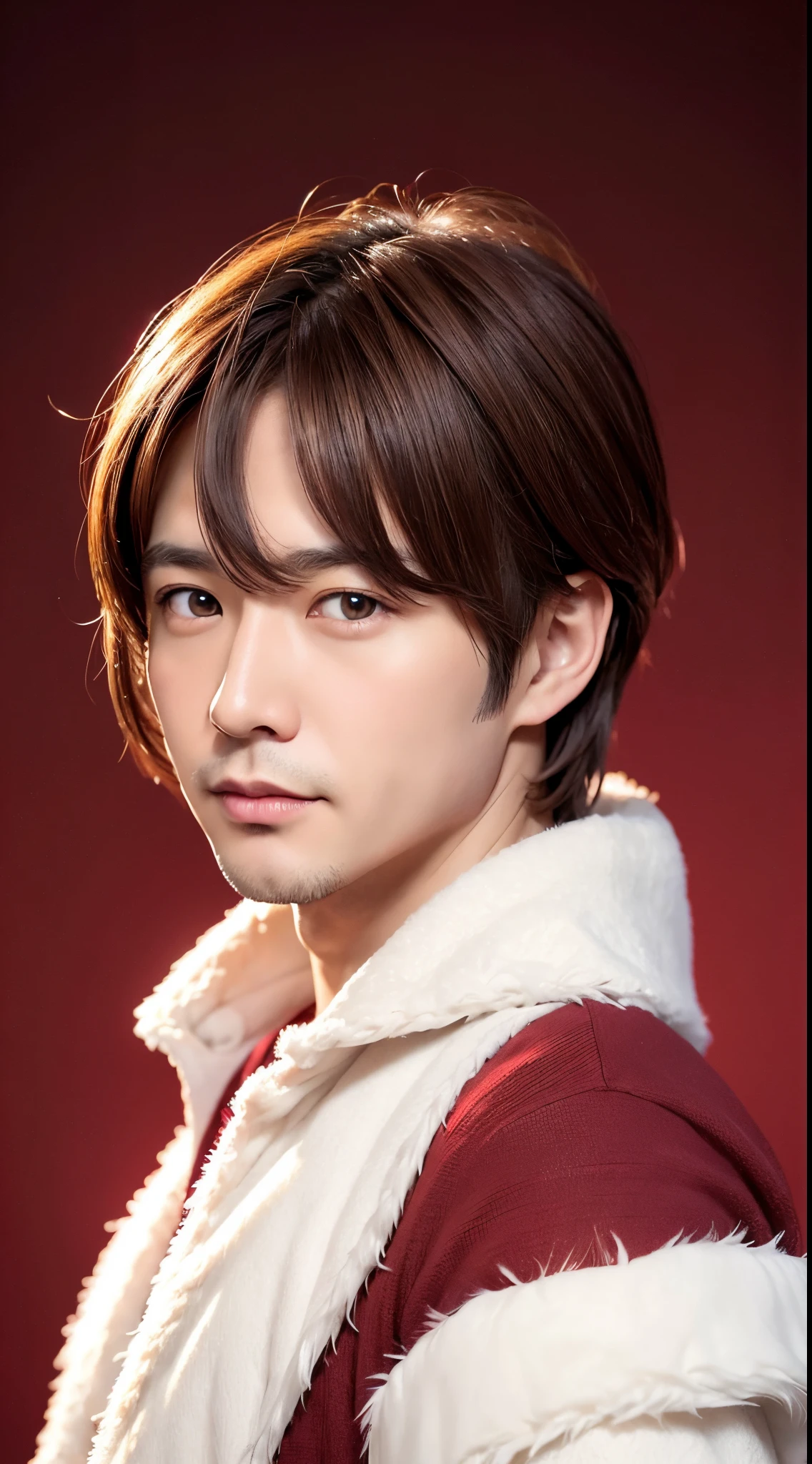 Brown hair、a man in his 40s、Red eyes、Christmas Background