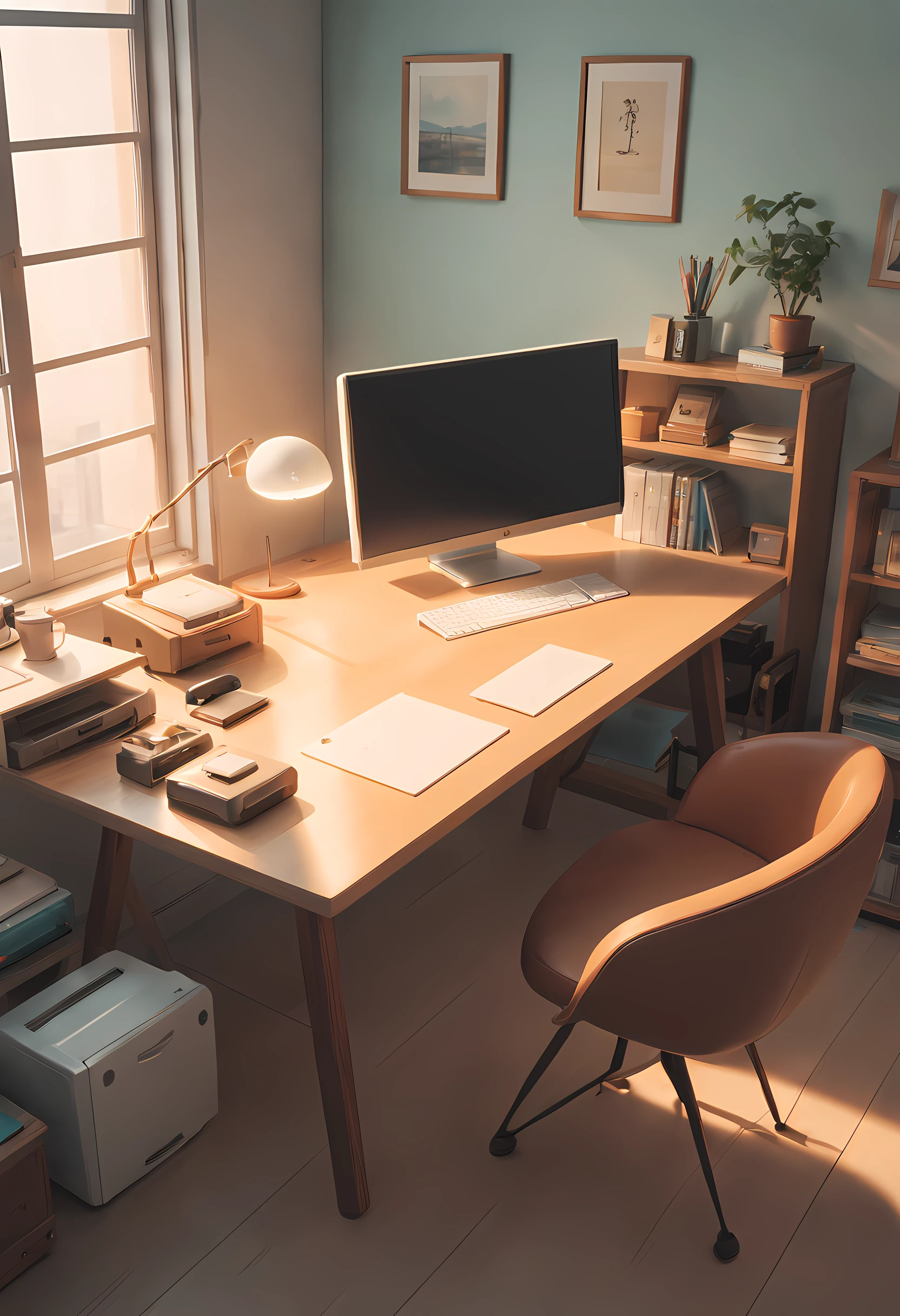 (masterpiece, best quality:1.2), no human, minimalist room, minimalist, minimalism, clean, Japanese, (bedroom, desk, minimalism:1.4), studio ghibli, anime style, clean, interior, modern:1.4, clean desk, warm tone, Fujifilm, motion blur, cinematic lighting, bloom, chromatic aberration abuse, film grain, Fujicolor, masterpiece, super detail, highres, best quality