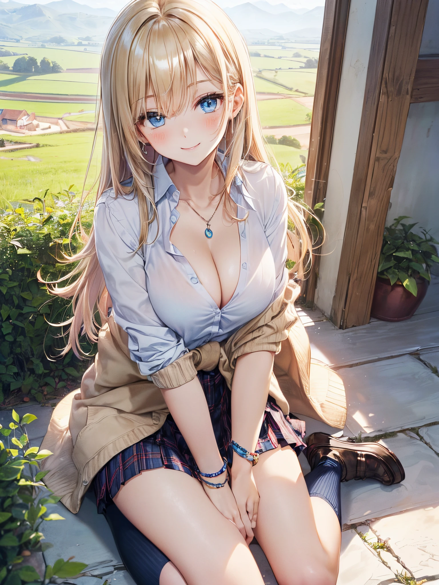 absurderes, ultra-detailliert,(in 8K:1.3),masuter piece,extremely beautiful detailed face and eyes, (Close one eye and smile:1.4),(School Uniforms:1.2), (gals:1.3), (White shirt:1.3), (Wrap a beige cardigan around your waist:1.3), (cleavage, Unbuttoned:1.2),(Plaid pleated skirt:1.2), (Necklace,Colorful bracelets,(Loose white socks:1.4),(country road),(countryside view:1.3)Skysky,(Smooth straight blonde hair:1.3), (Hair parted in the middle:1.3),(Shiny hair:1.2), Delicate beautiful face, (red blush:1.2)、(Deep Blue Eyes:1.3),(Black loafers:1.3),