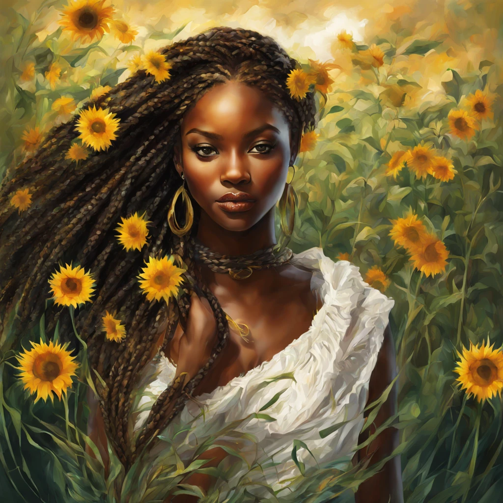 handsome girl, braids, Sunflowers, Pampas grass, abstract, florals, Fantasy, Beautiful, African style, Realistic, black, White, Green, gold fibers, Balls, Twists, sparks, octans, brightly, a closeup of a